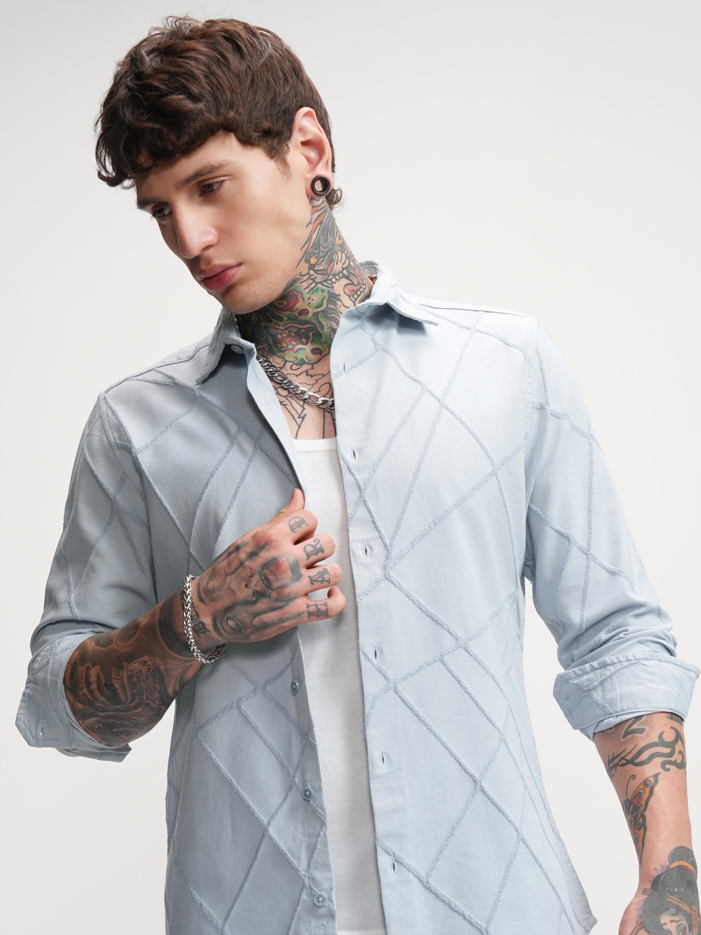 Highlander Men Blue Self Design Slim Fit Casual Shirt - Blue - Image 1