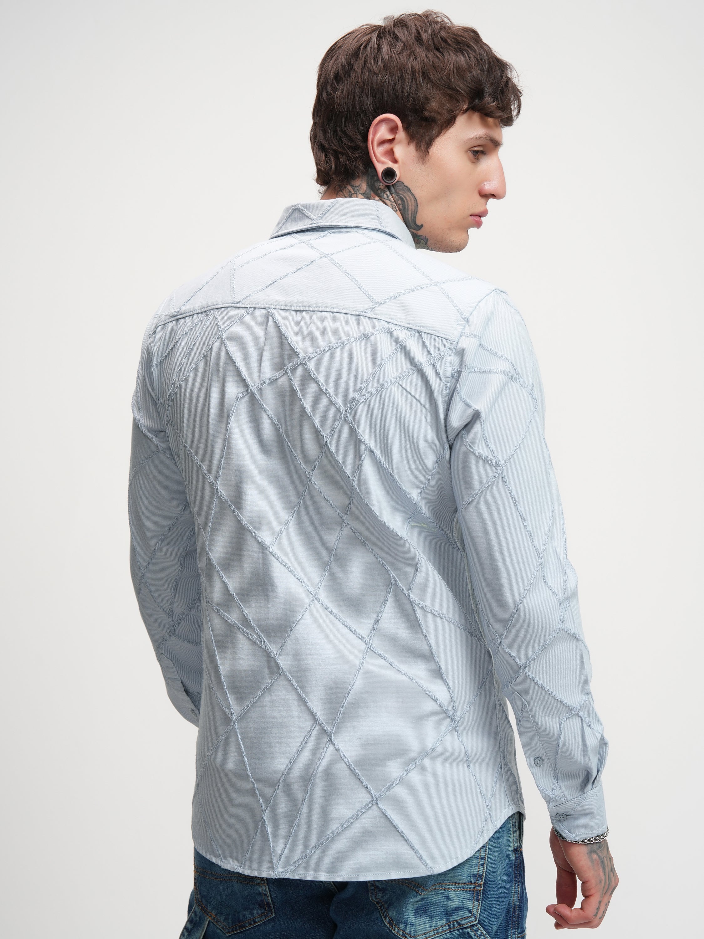 Highlander Men Blue Self Design Slim Fit Casual Shirt - Blue - Image 3