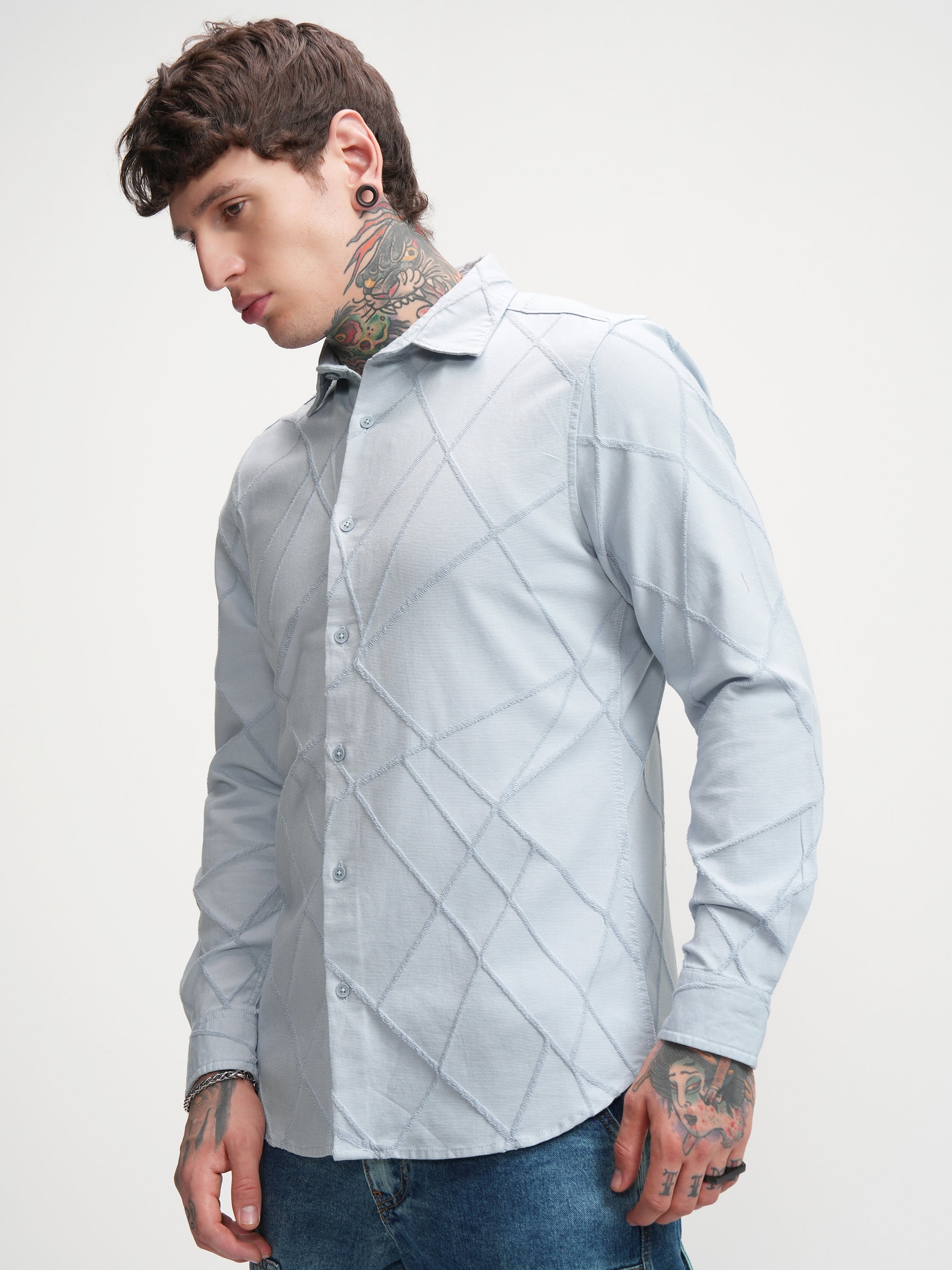 Highlander Men Blue Self Design Slim Fit Casual Shirt - Blue - Image 4