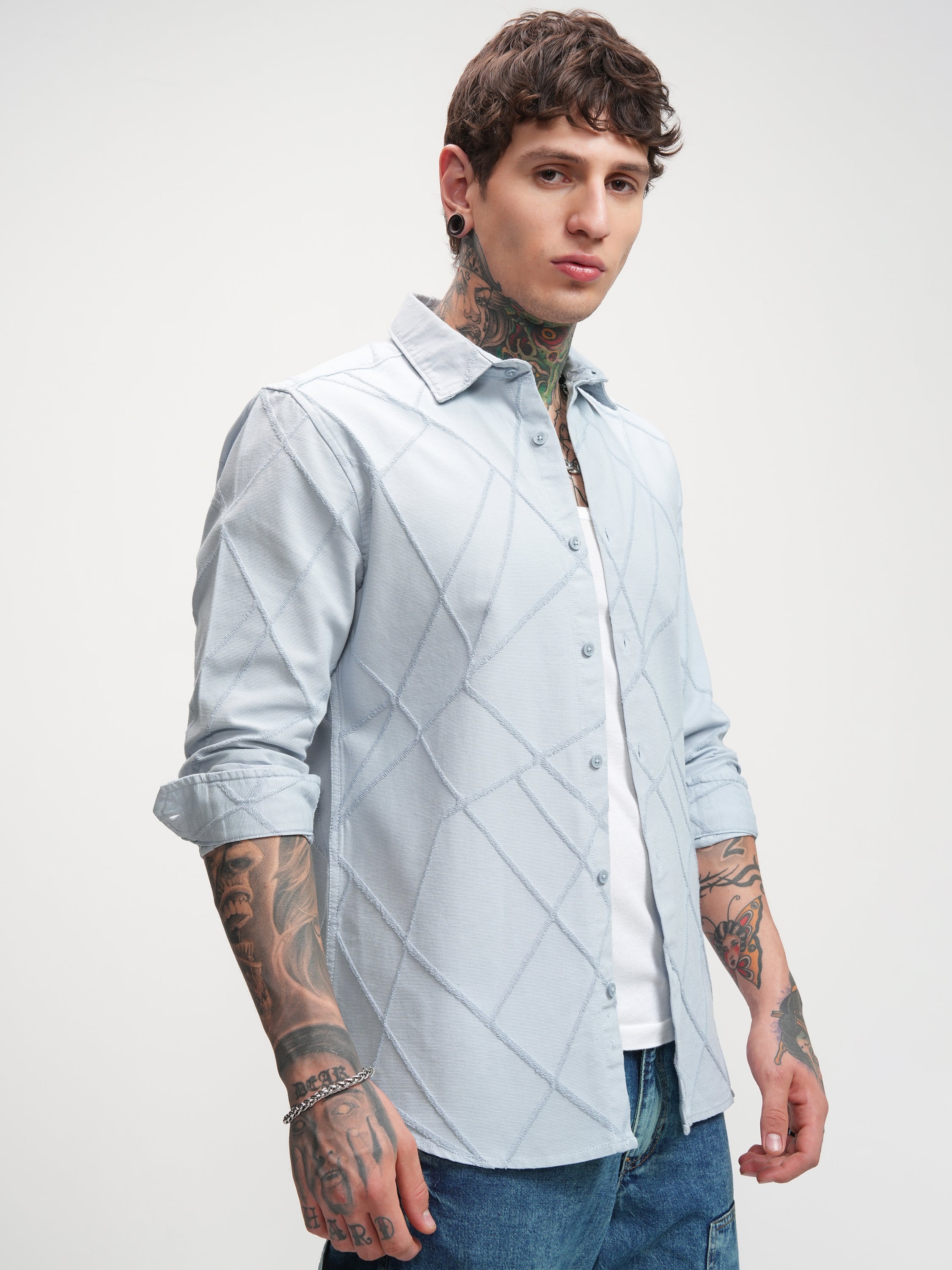 Highlander Men Blue Self Design Slim Fit Casual Shirt - Blue - Image 6