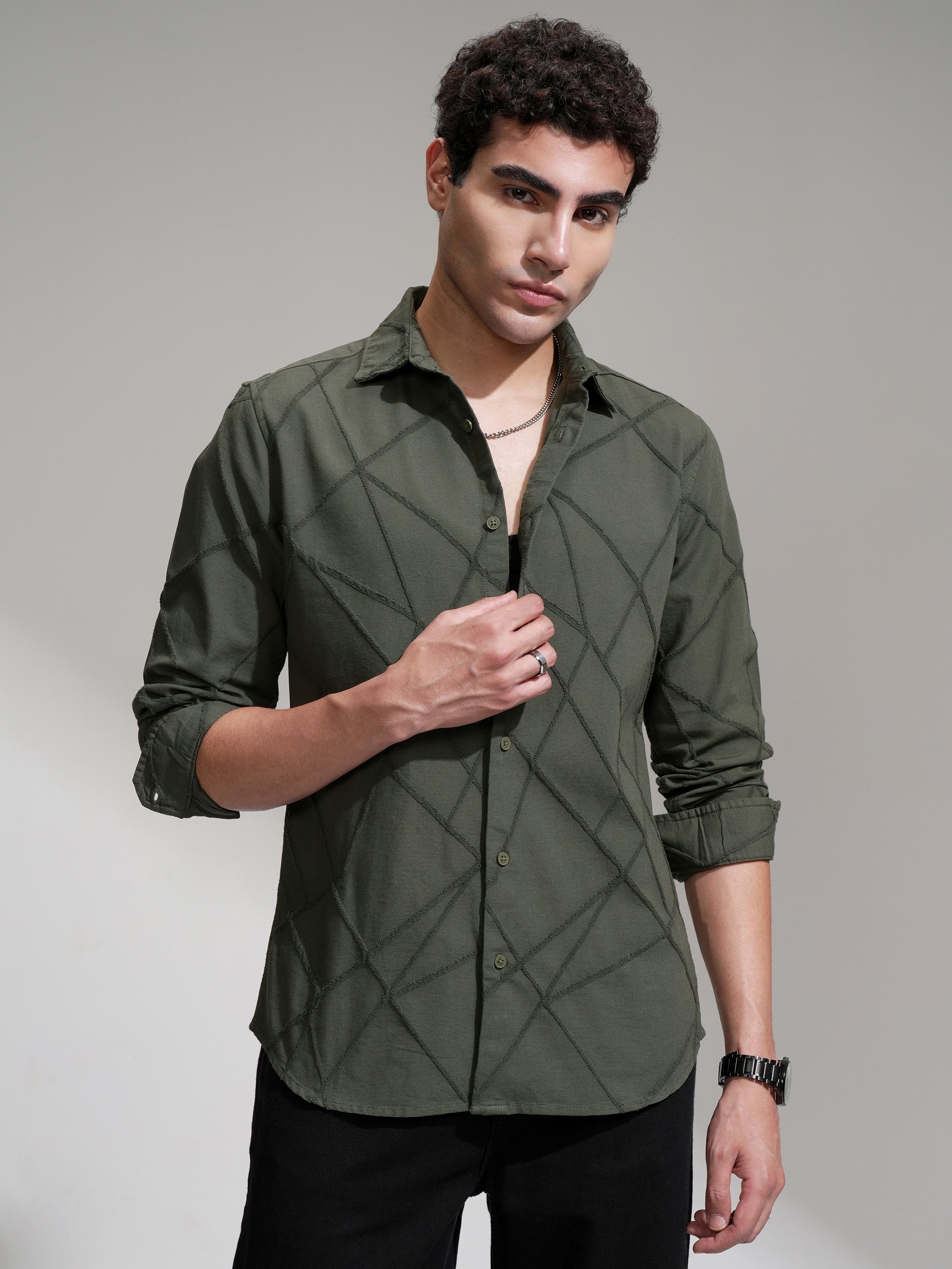 Highlander Men Olive Self Design Slim Fit Casual Shirt - Olive - Image 1