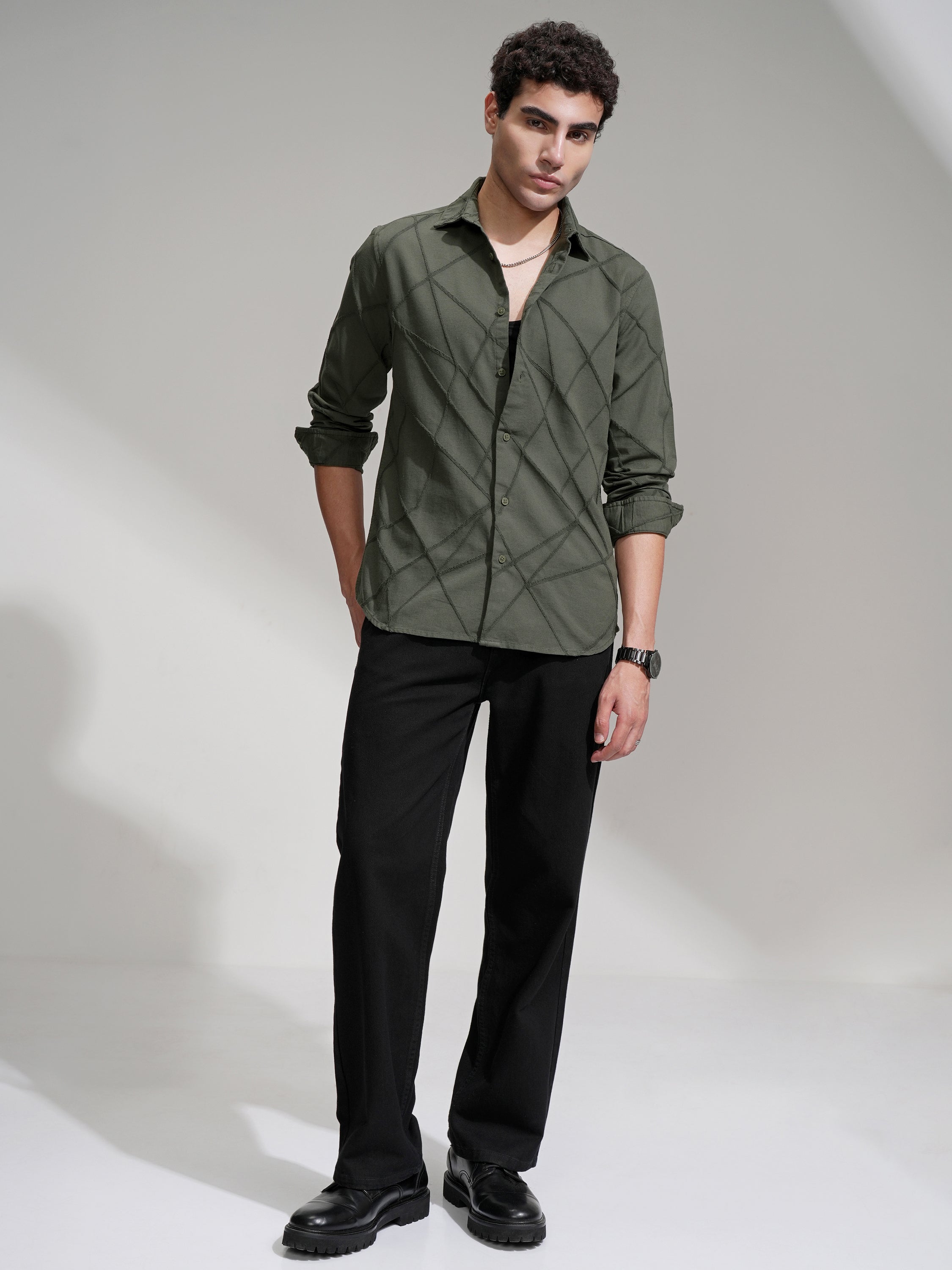 Highlander Men Olive Self Design Slim Fit Casual Shirt - Olive - Image 2