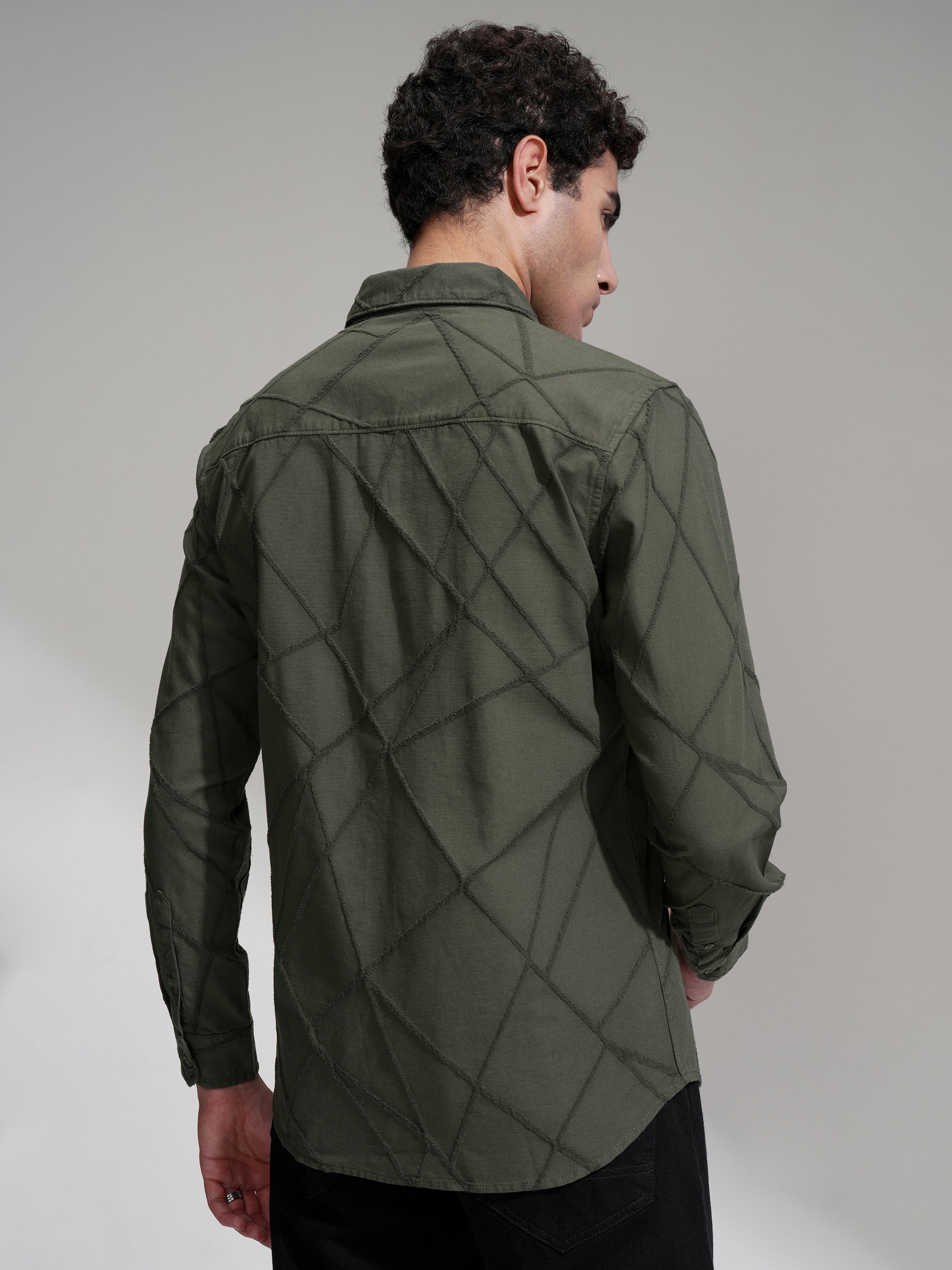 Highlander Men Olive Self Design Slim Fit Casual Shirt - Olive - Image 3