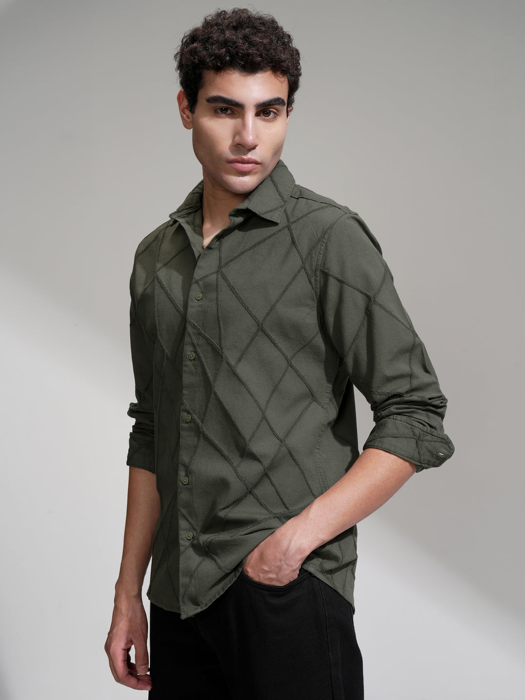 Highlander Men Olive Self Design Slim Fit Casual Shirt - Olive - Image 4