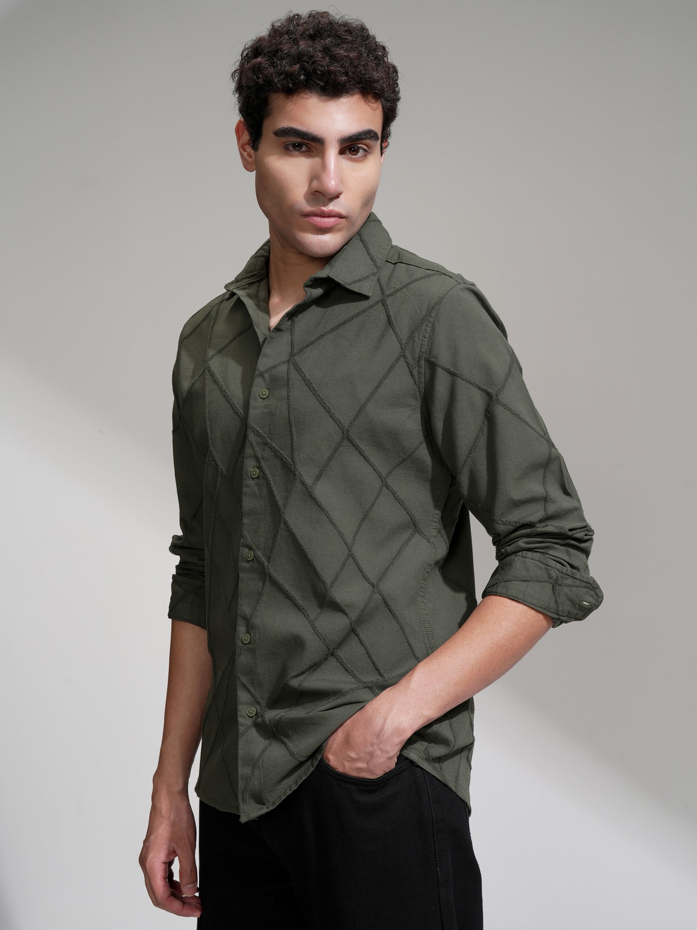 Highlander Men Olive Self Design Slim Fit Casual Shirt - Olive - Image 4