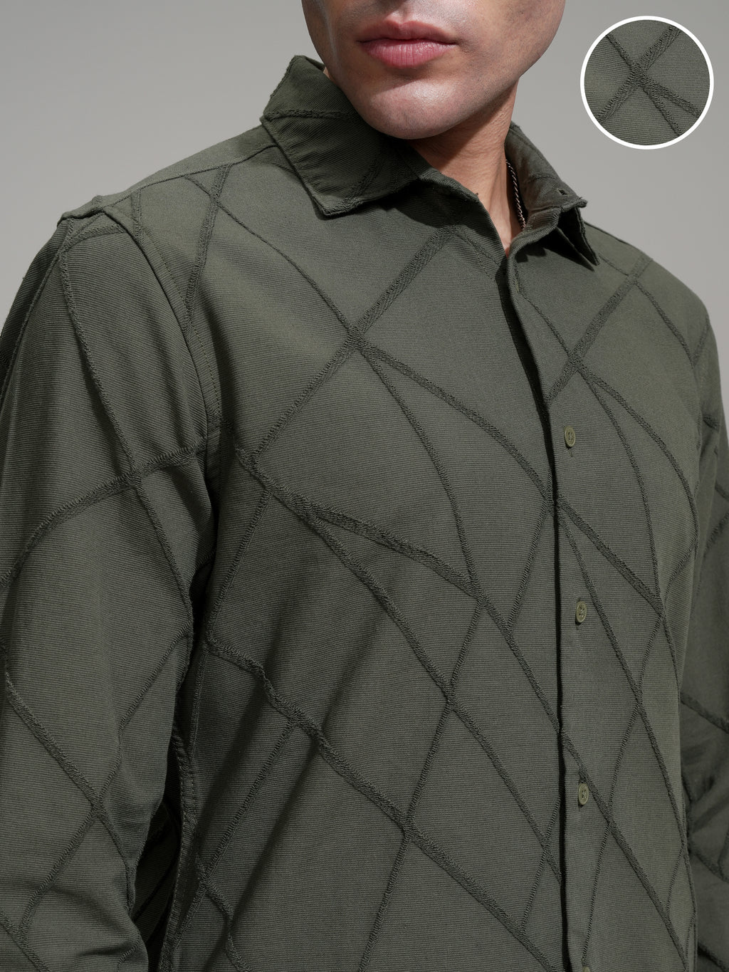 Highlander Men Olive Self Design Slim Fit Casual Shirt - Olive - Image 5