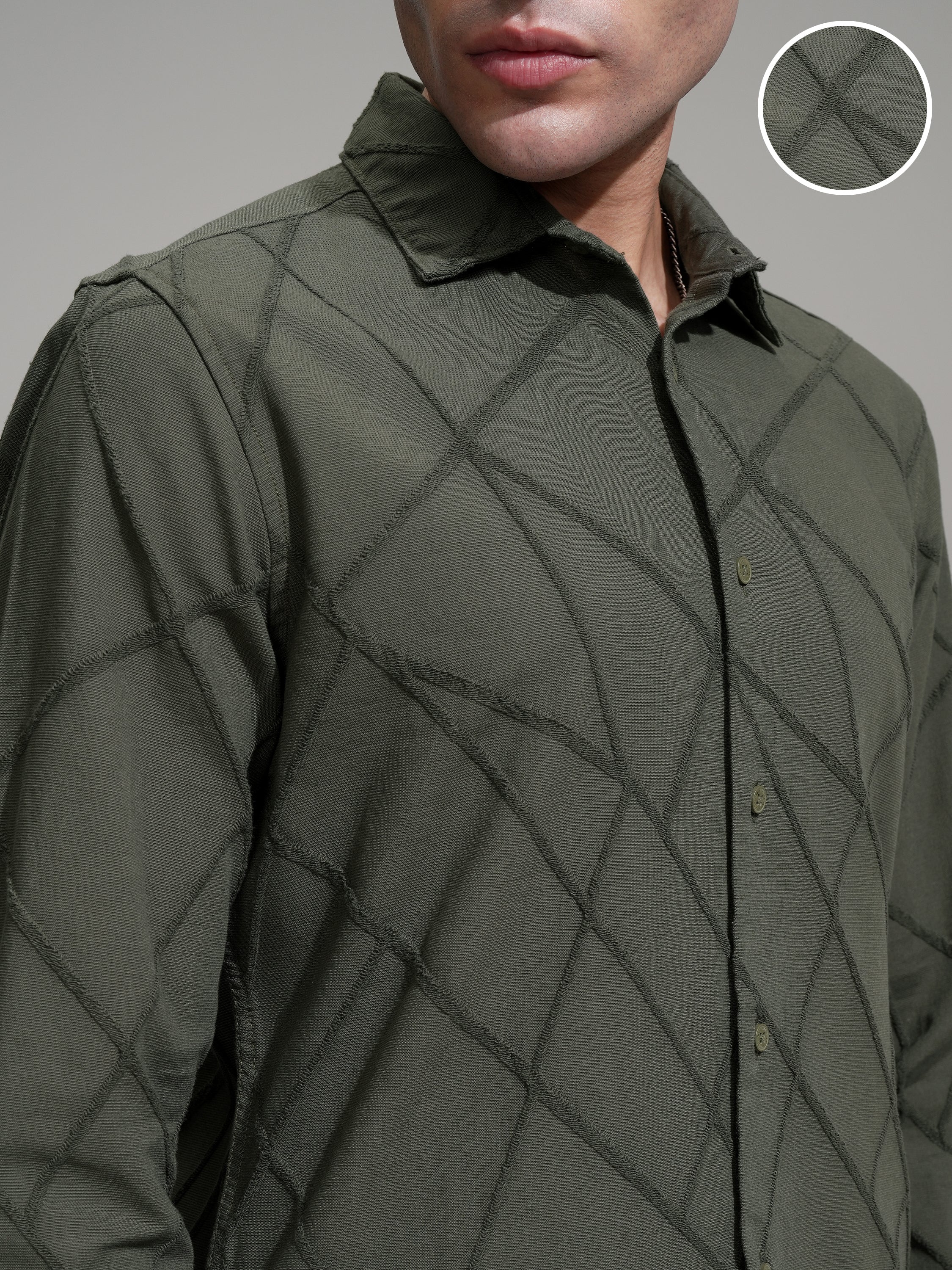 Highlander Men Olive Self Design Slim Fit Casual Shirt - Olive - Image 5
