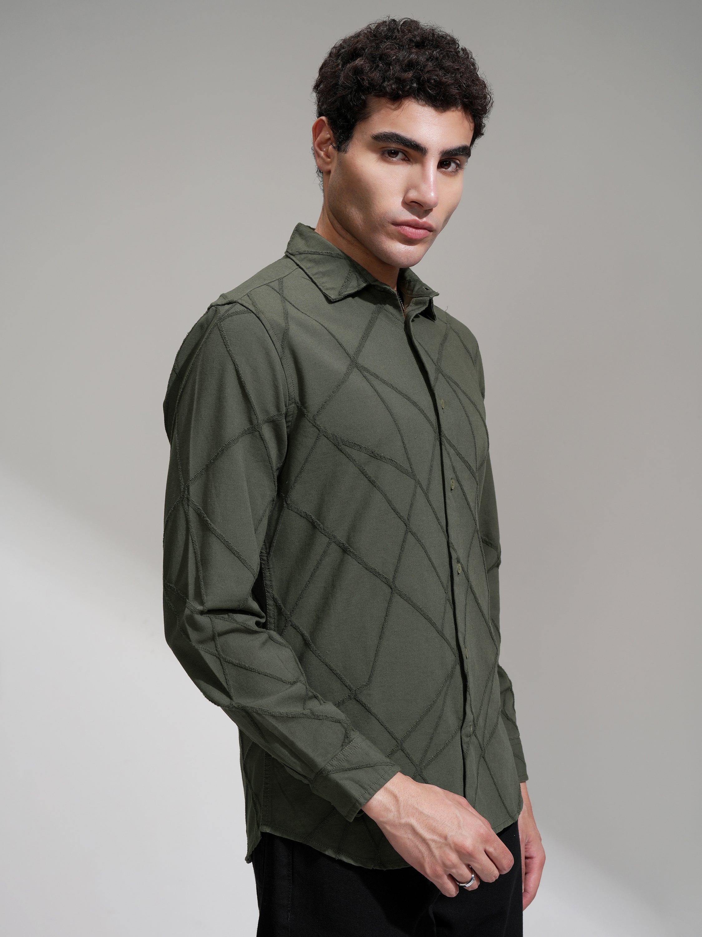 Highlander Men Olive Self Design Slim Fit Casual Shirt - Olive - Image 6