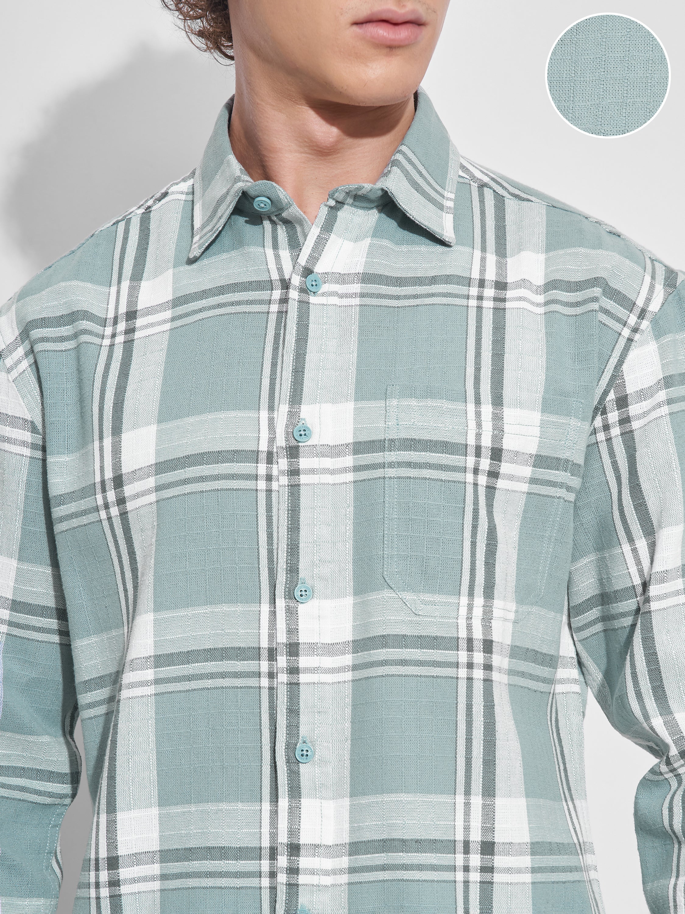 Highlander Men Green Checked Slim Fit Casual Shirt - Green - Image 5