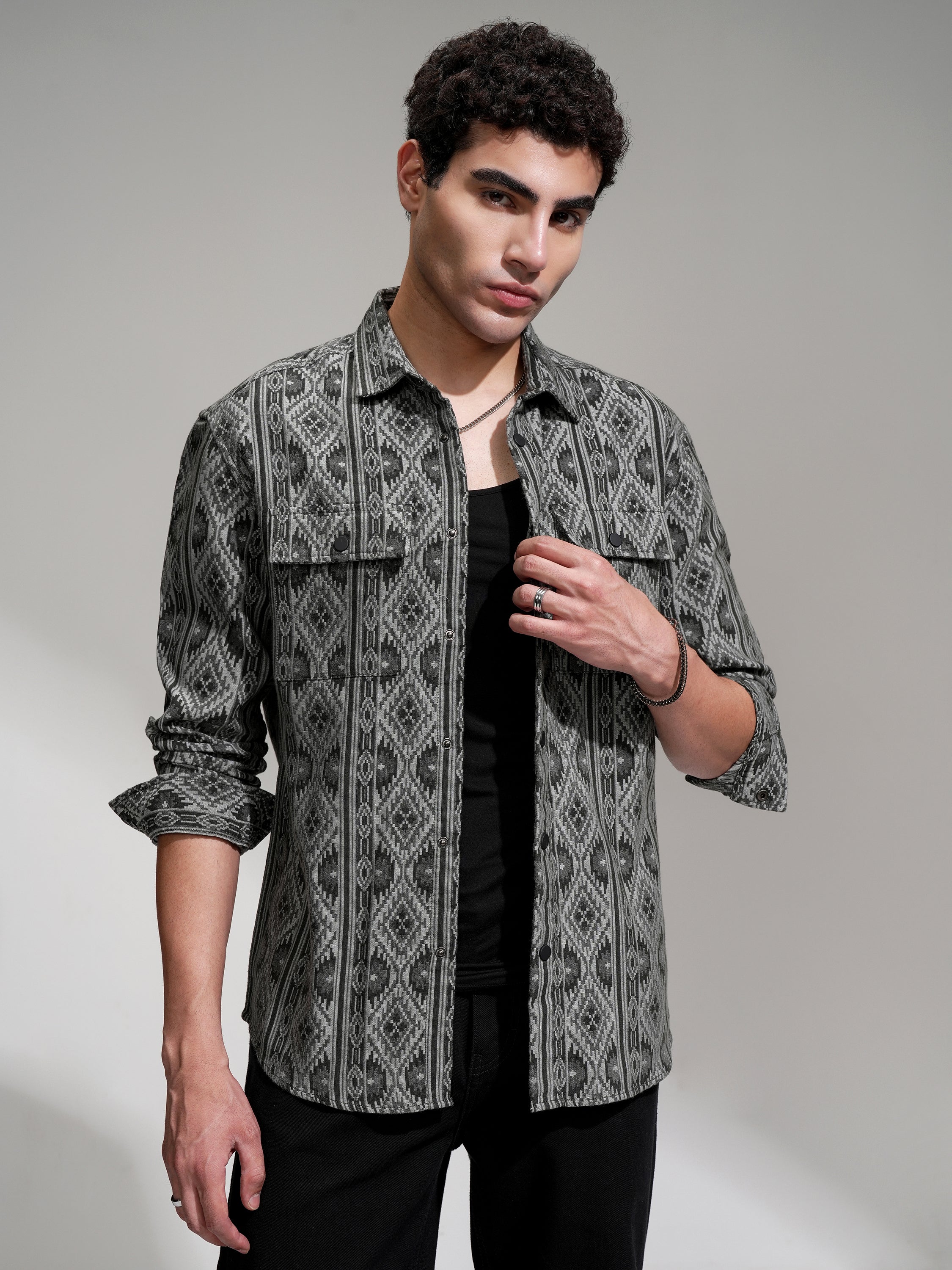 Highlander Men Charcoal Printed Relaxed Fit Casual Shirt - Charcoal - Image 1
