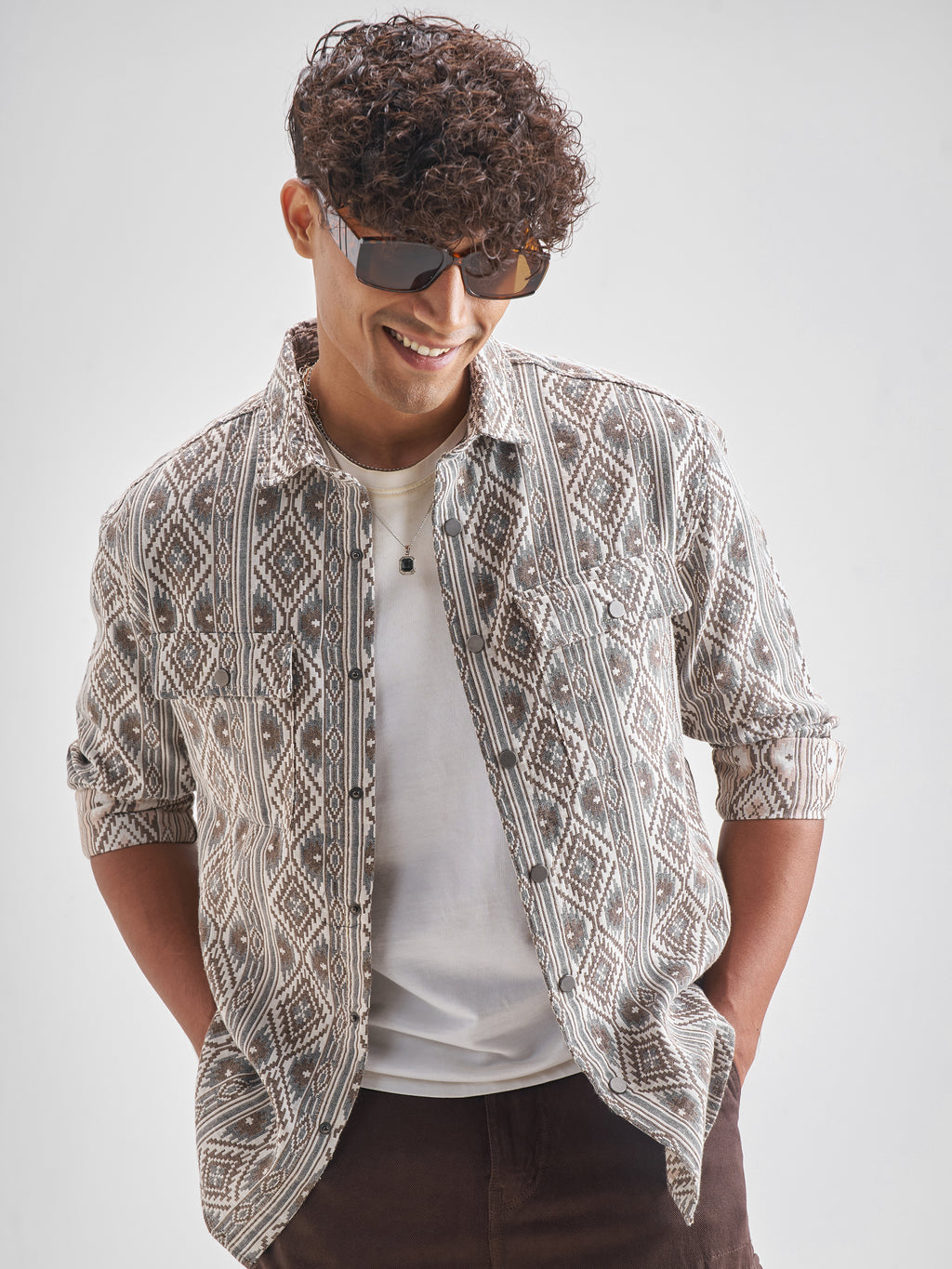 Highlander Men Brown Self Design Relaxed Fit Casual Shirt - Brown - Image 1