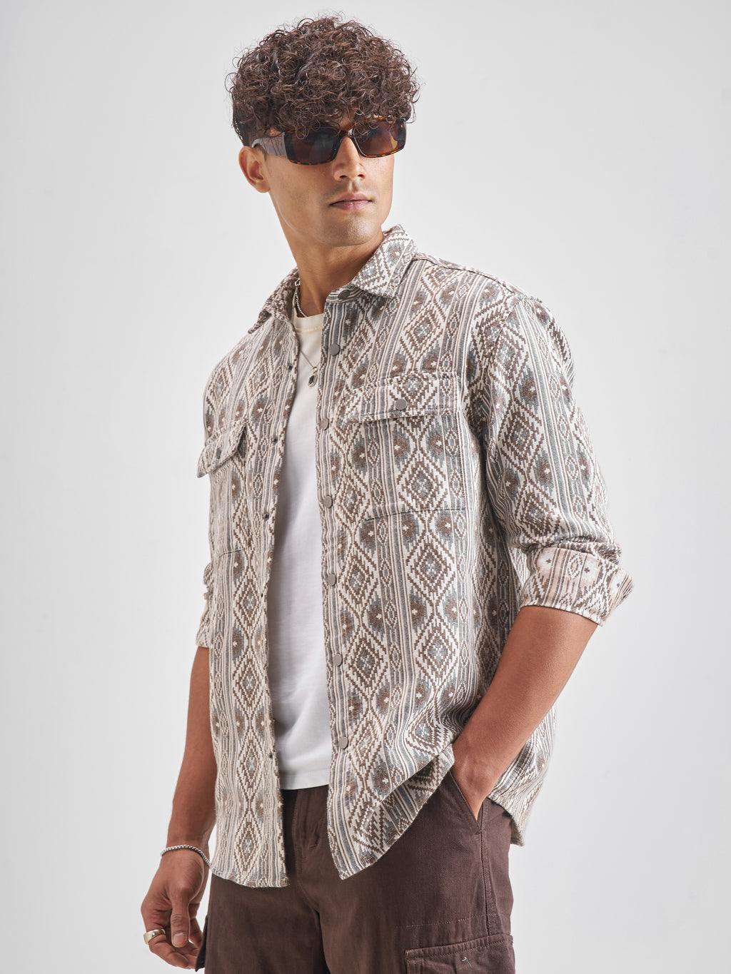 Highlander Men Brown Self Design Relaxed Fit Casual Shirt - Brown - Image 4