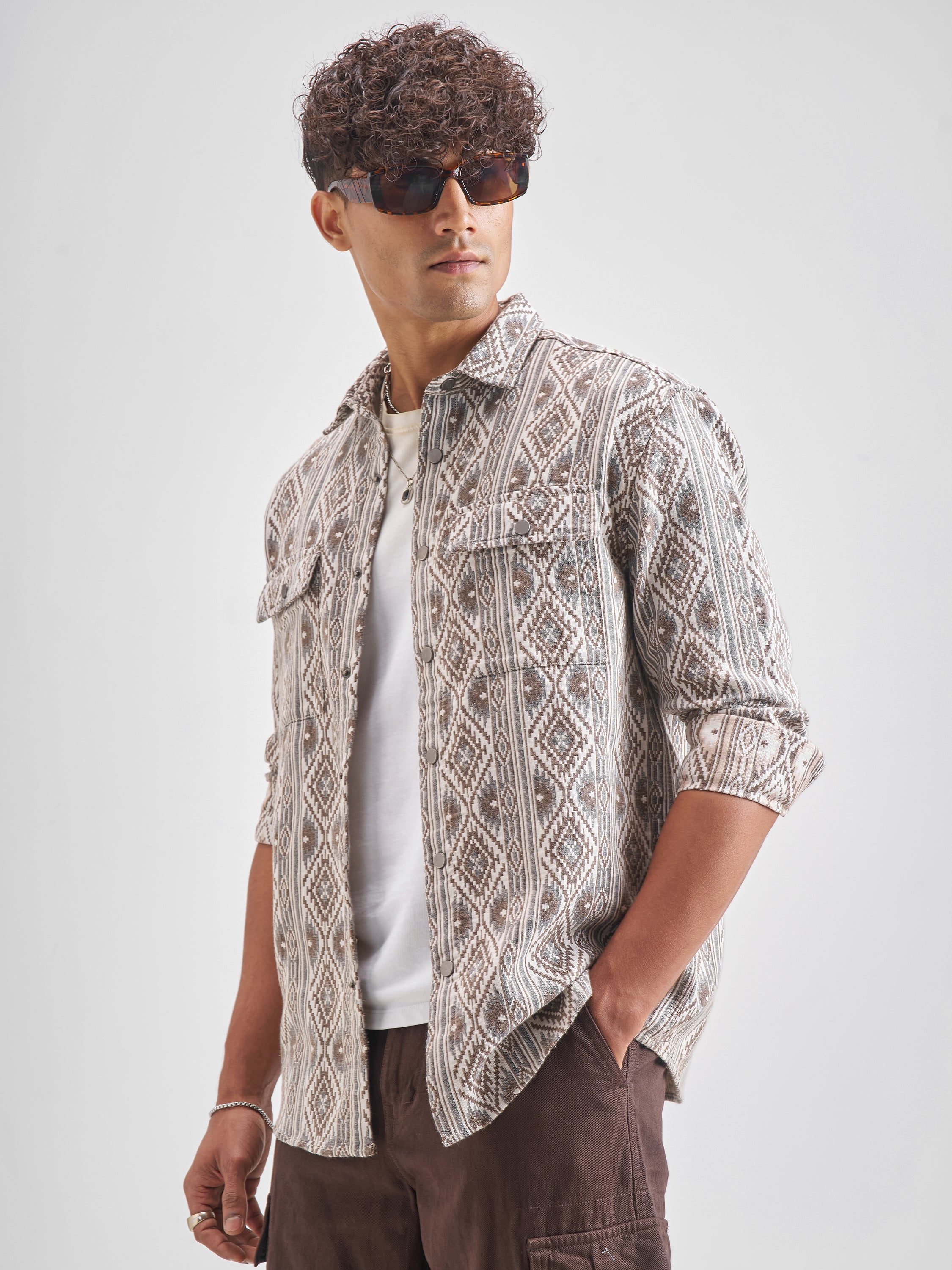 Highlander Men Brown Self Design Relaxed Fit Casual Shirt - Brown - Image 4