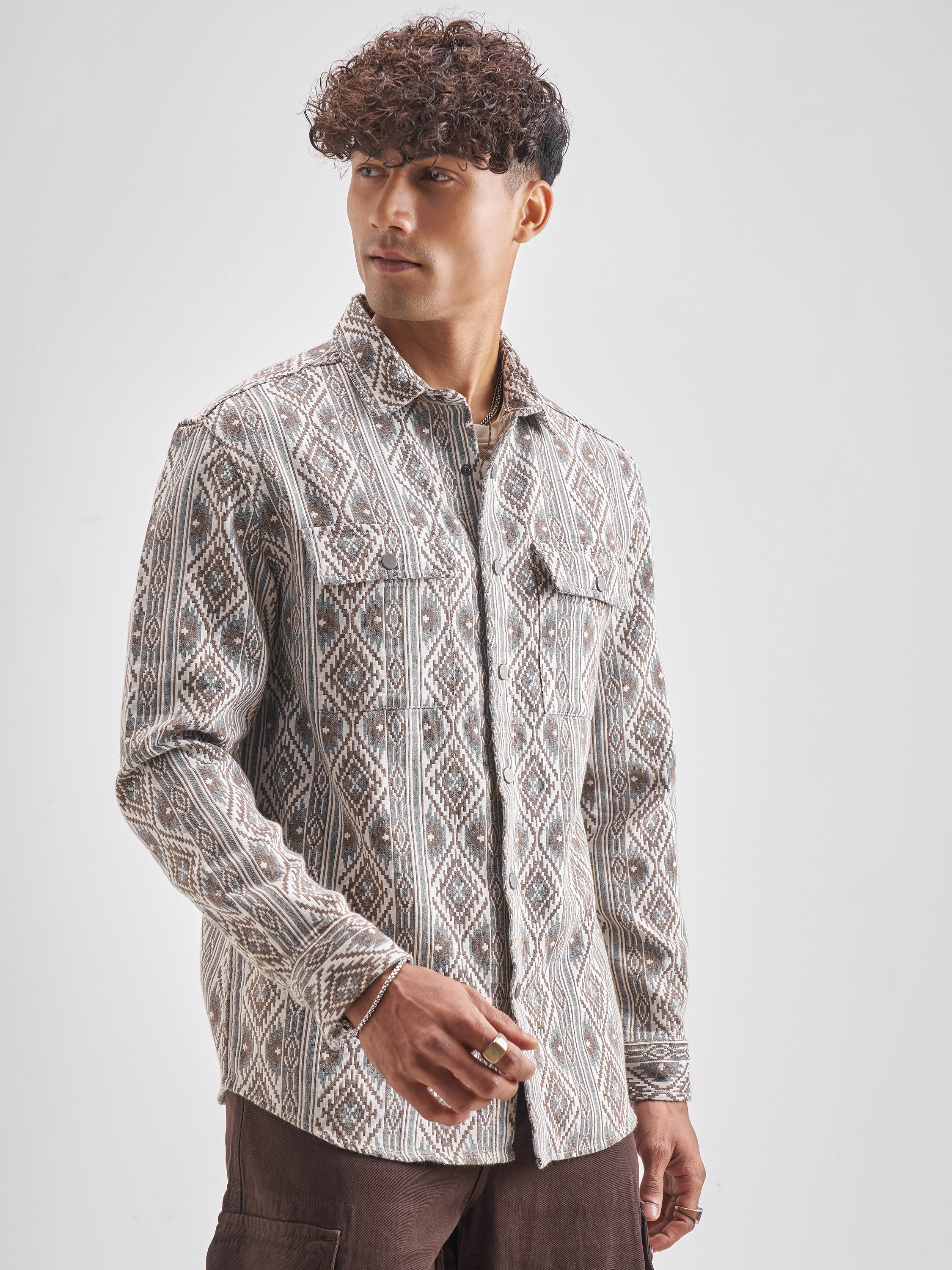 Highlander Men Brown Self Design Relaxed Fit Casual Shirt - Brown - Image 6
