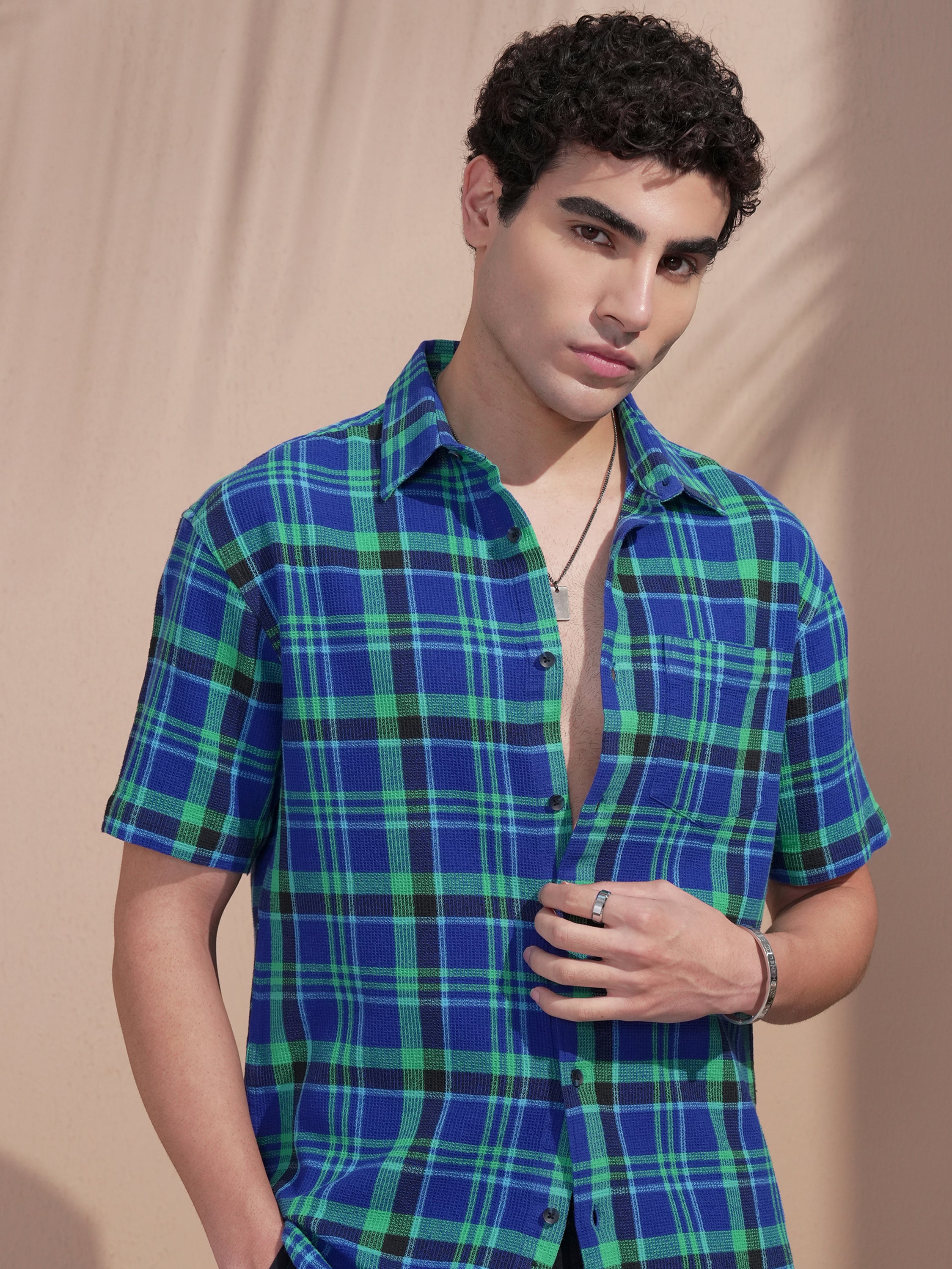 Highlander Men Blue Checked Relaxed Fit Casual Shirt - Blue - Image 1