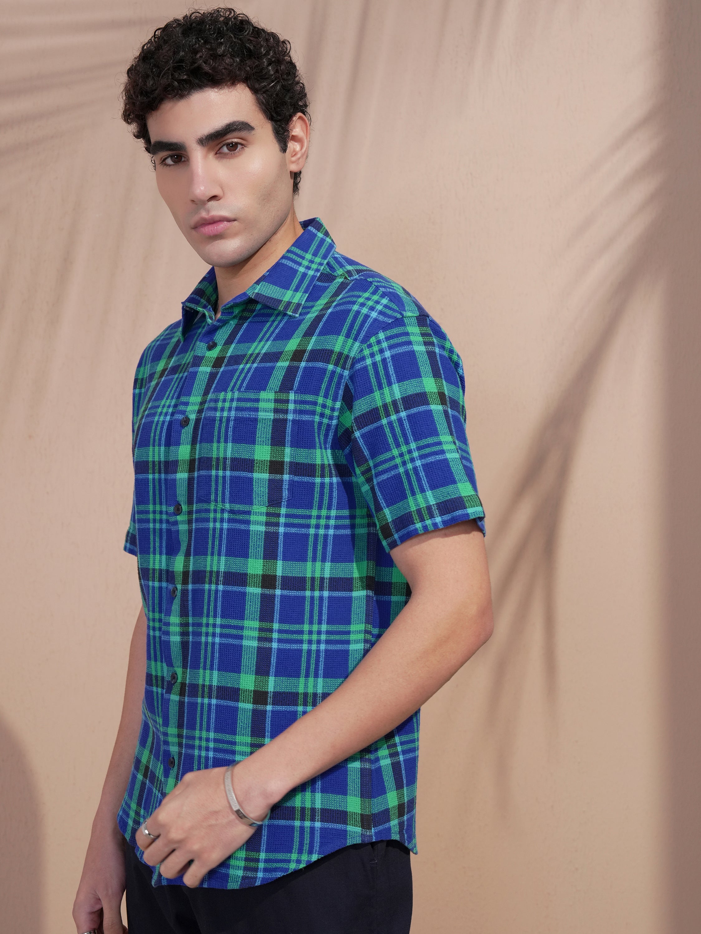 Highlander Men Blue Checked Relaxed Fit Casual Shirt - Blue - Image 4