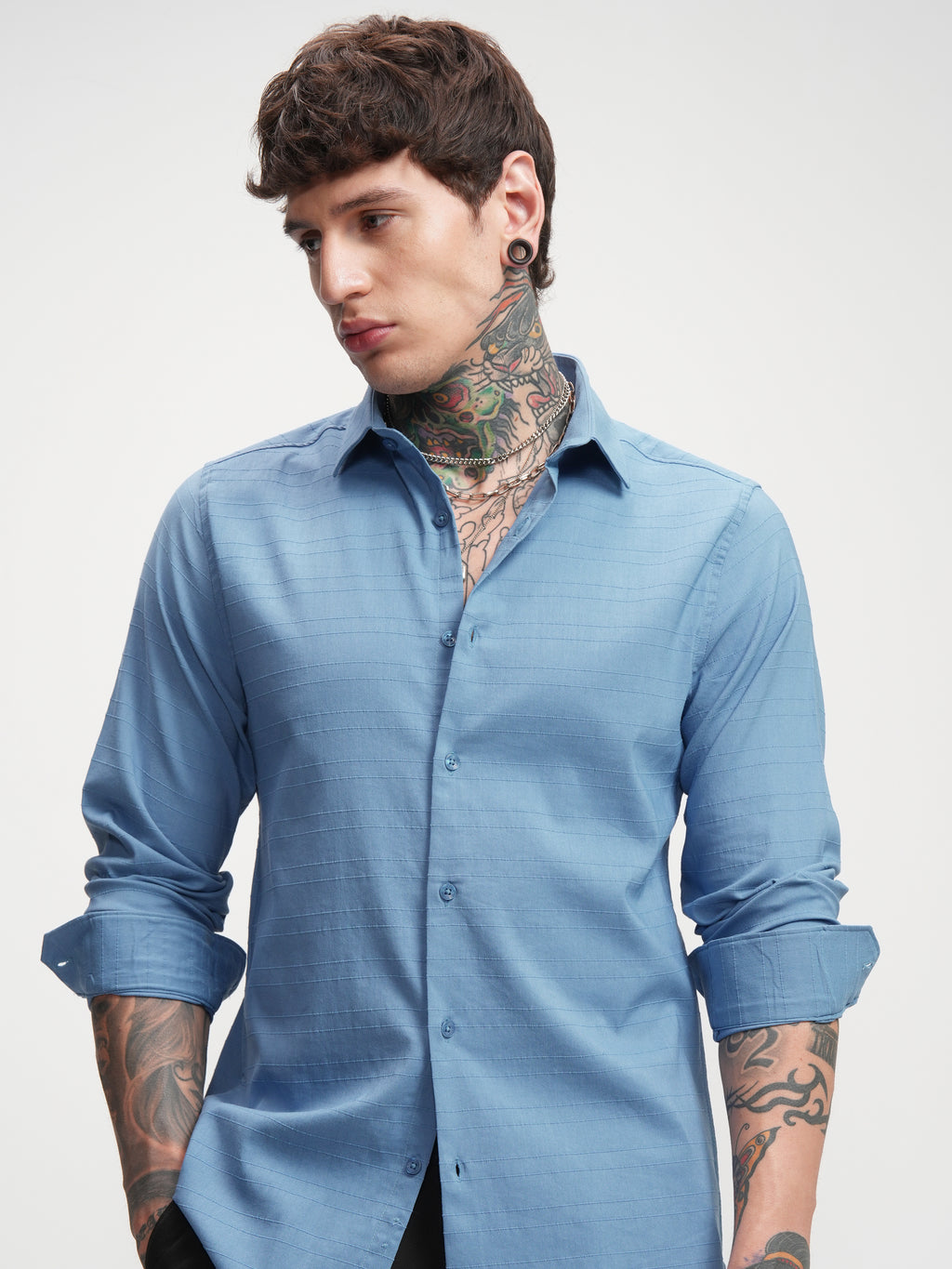 Highlander Men Blue Self Design Slim Fit Casual Shirt - Blue - Image 1