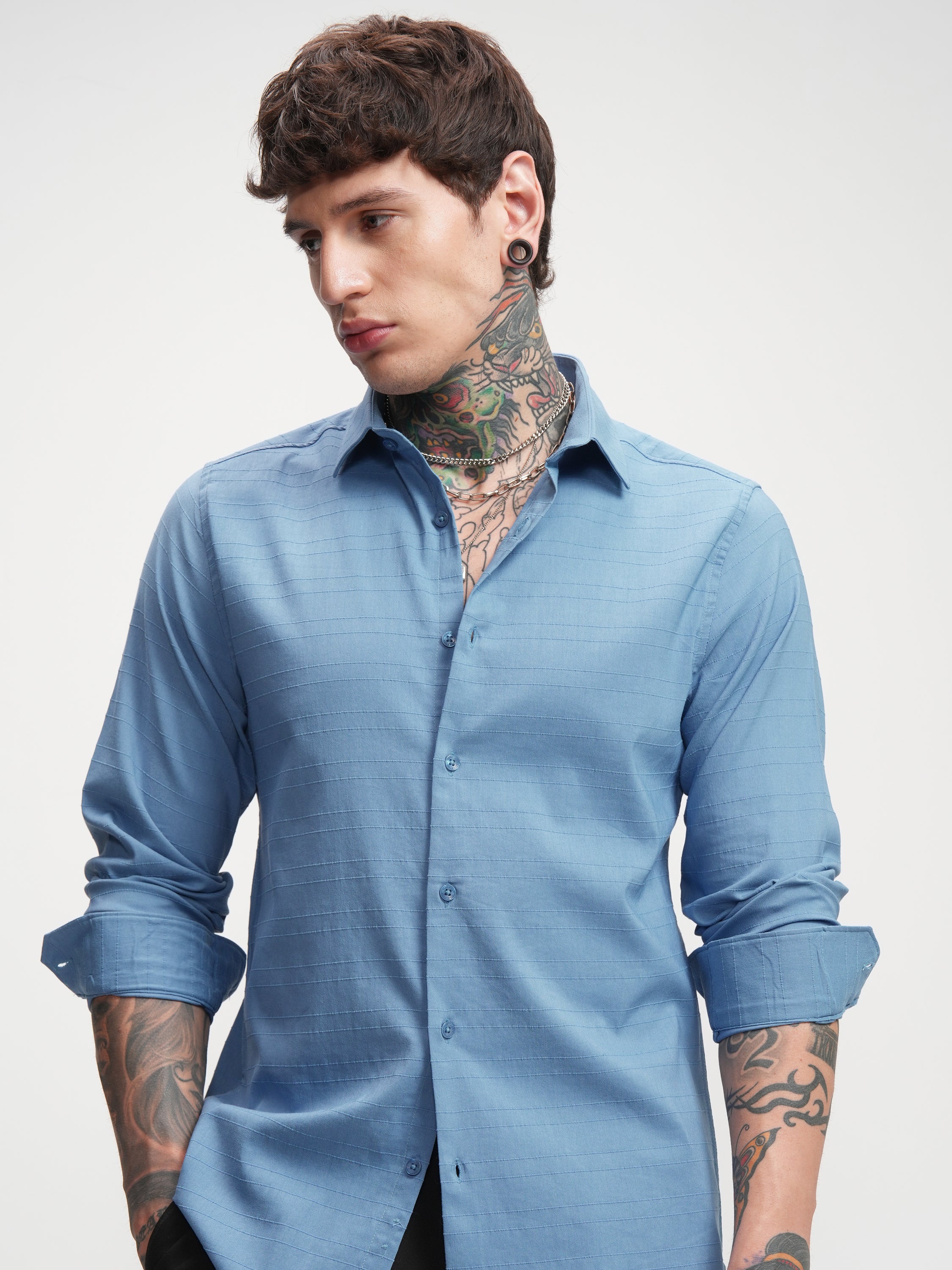 Highlander Men Blue Self Design Slim Fit Casual Shirt - Blue - Image 1