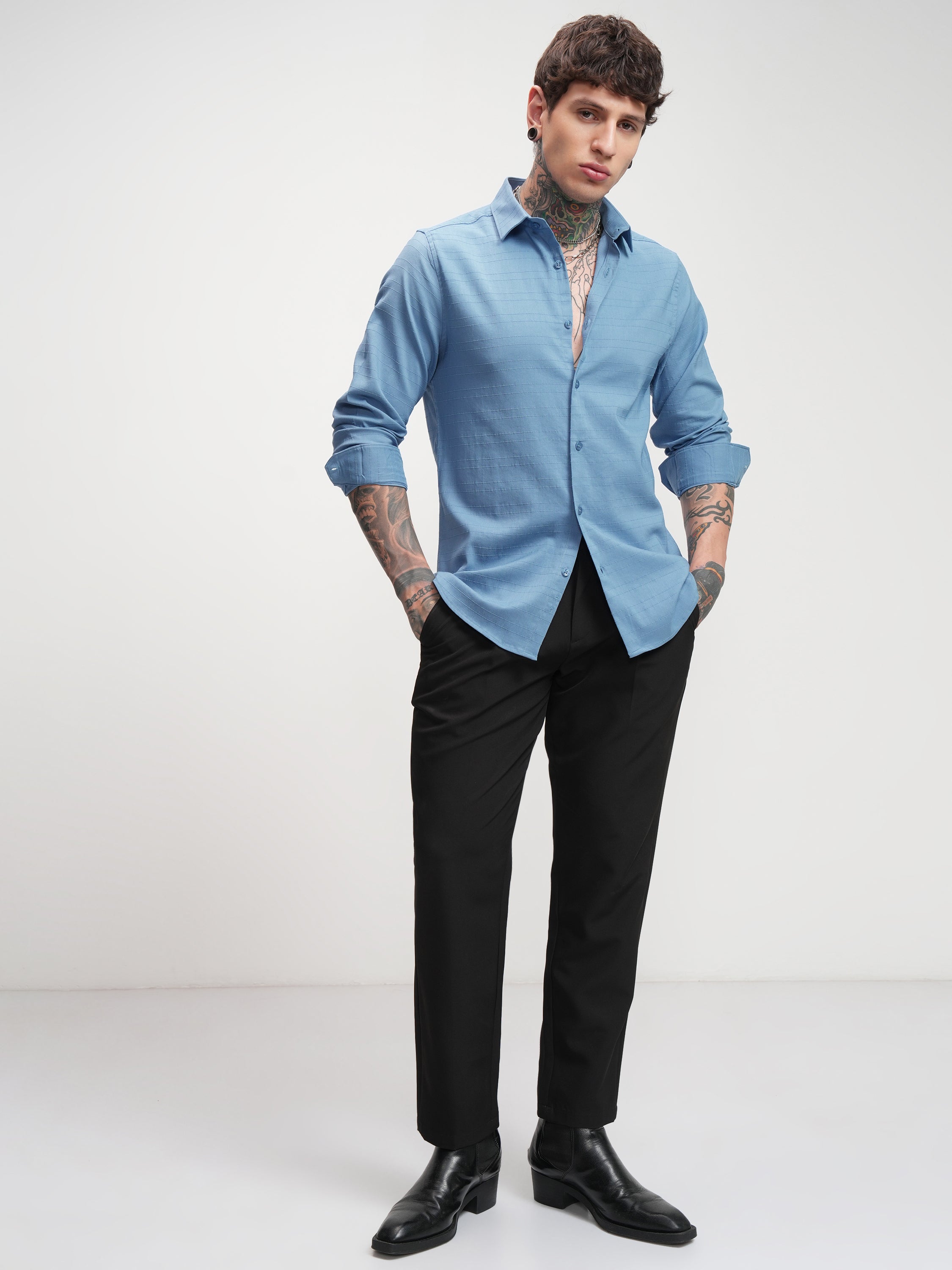 Highlander Men Blue Self Design Slim Fit Casual Shirt - Blue - Image 2