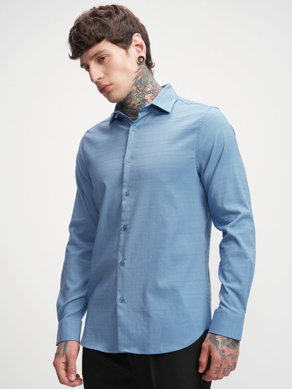 Highlander Men Blue Self Design Slim Fit Casual Shirt - Blue - Image 4