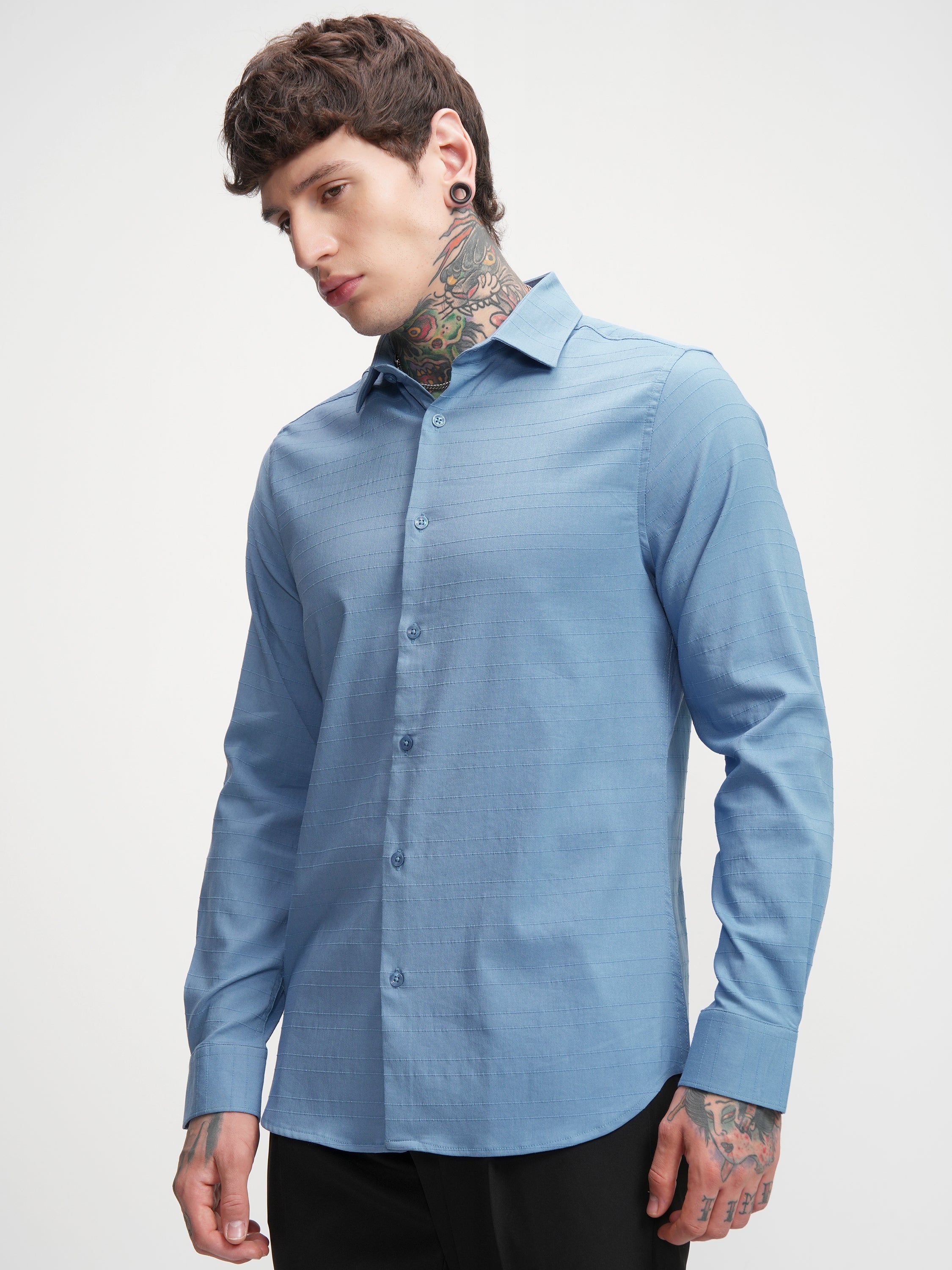Highlander Men Blue Self Design Slim Fit Casual Shirt - Blue - Image 4