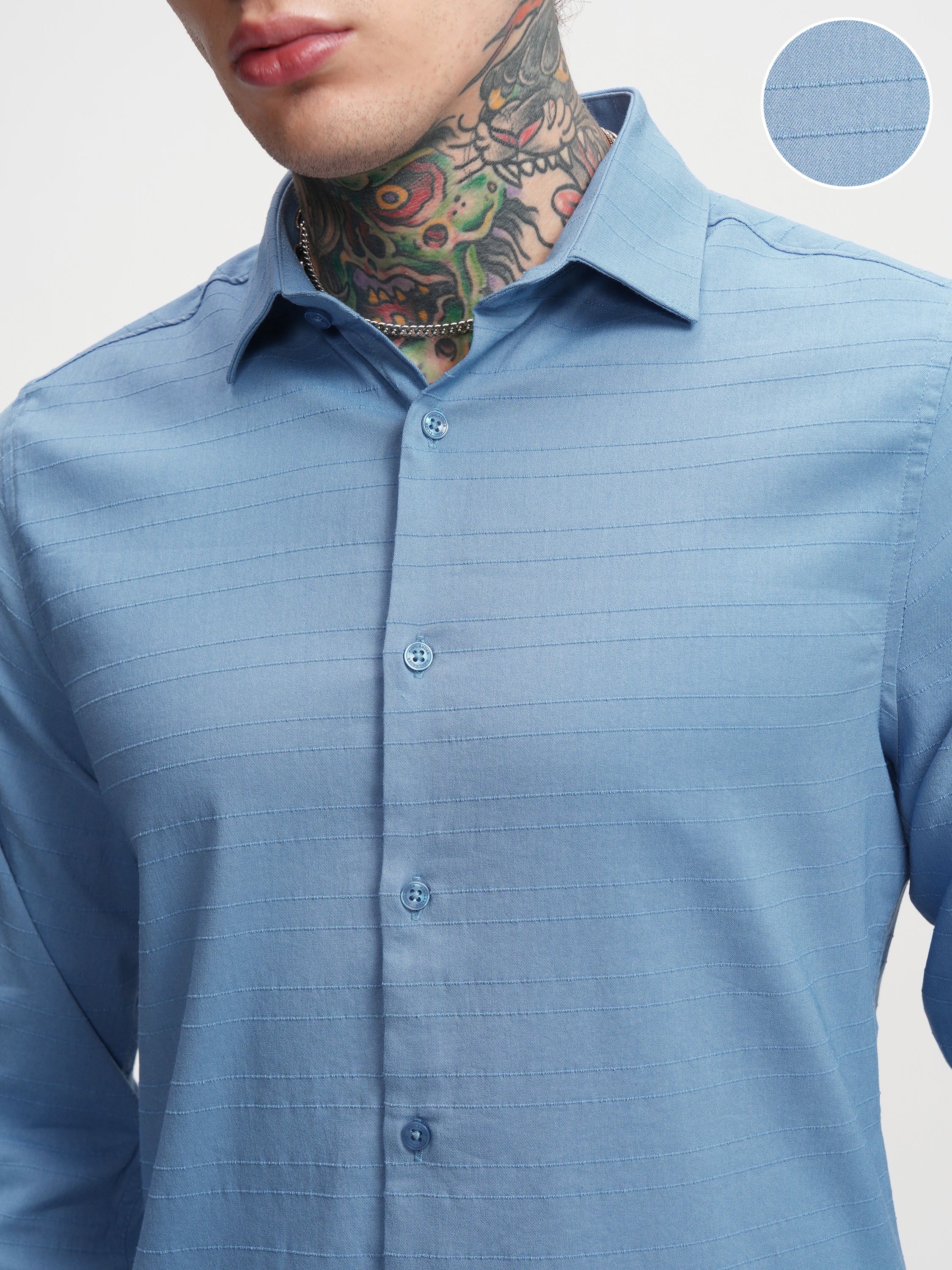 Highlander Men Blue Self Design Slim Fit Casual Shirt - Blue - Image 5
