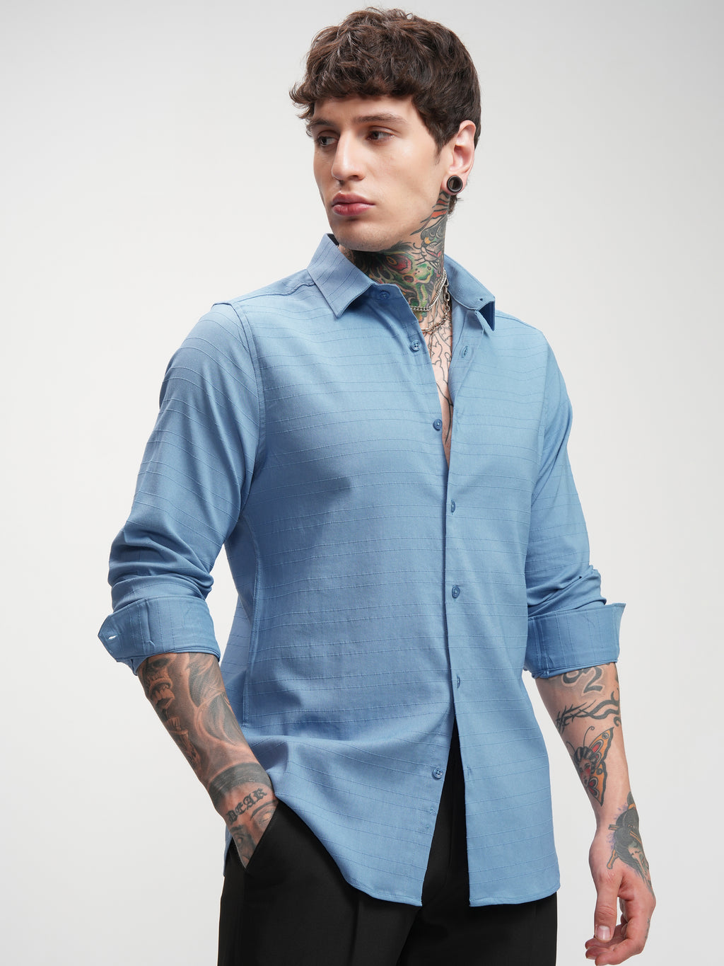 Highlander Men Blue Self Design Slim Fit Casual Shirt - Blue - Image 6