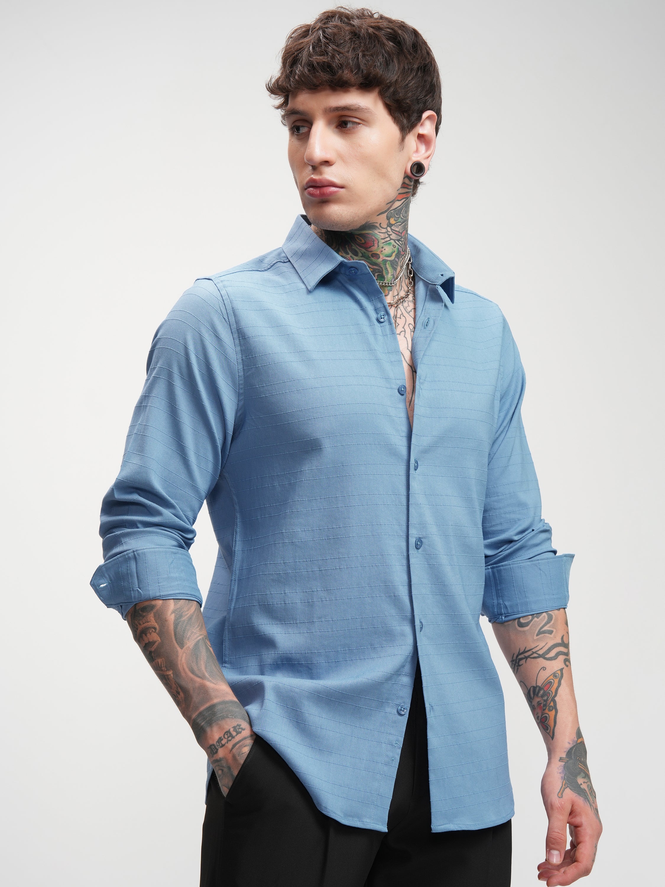 Highlander Men Blue Self Design Slim Fit Casual Shirt - Blue - Image 6