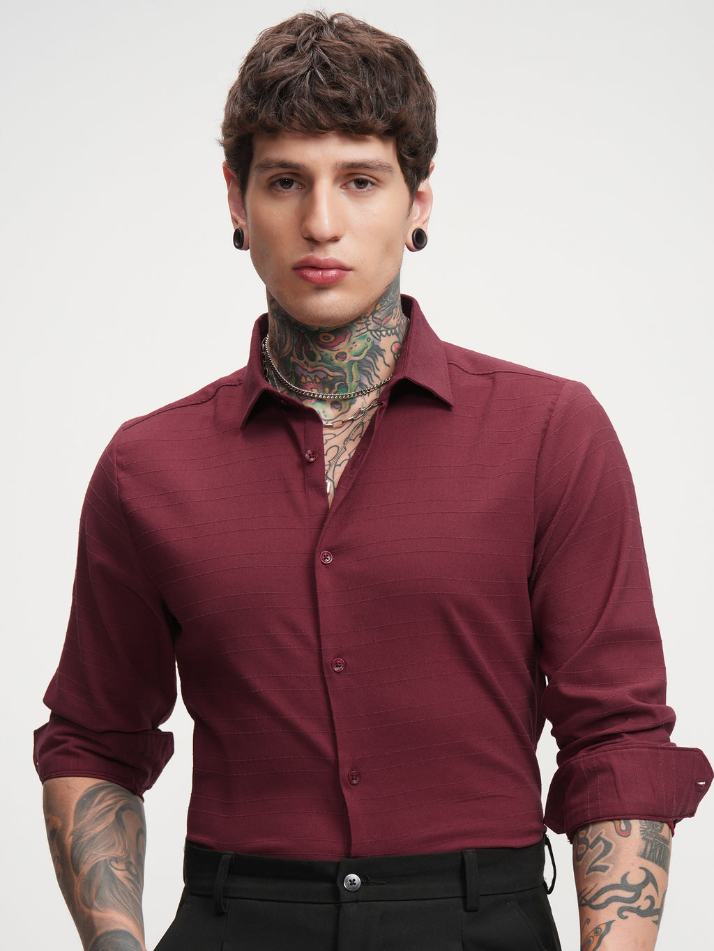 Highlander Men Maroon Self Design Slim Fit Casual Shirt - Maroon - Image 1