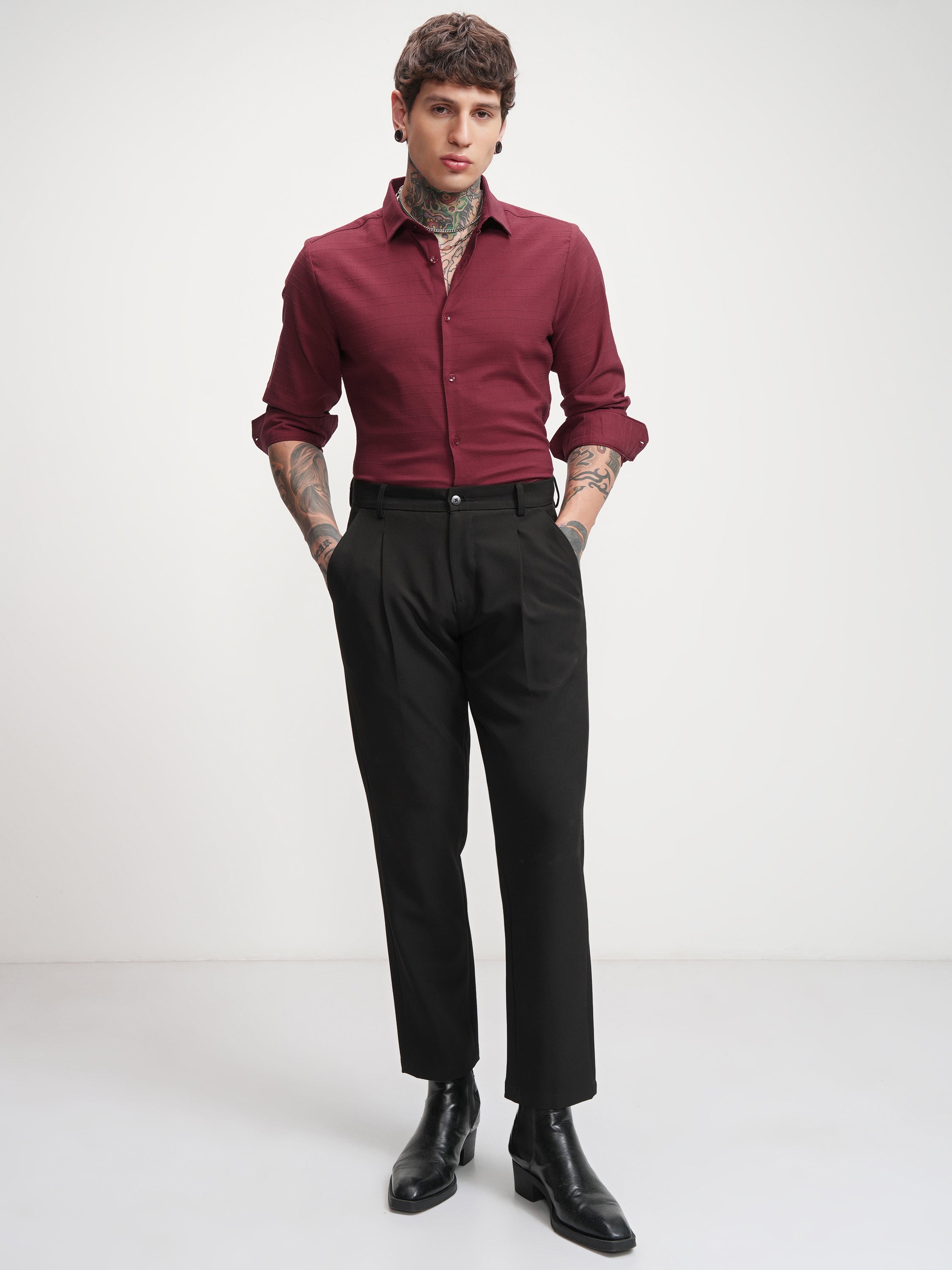 Highlander Men Maroon Self Design Slim Fit Casual Shirt - Maroon - Image 2