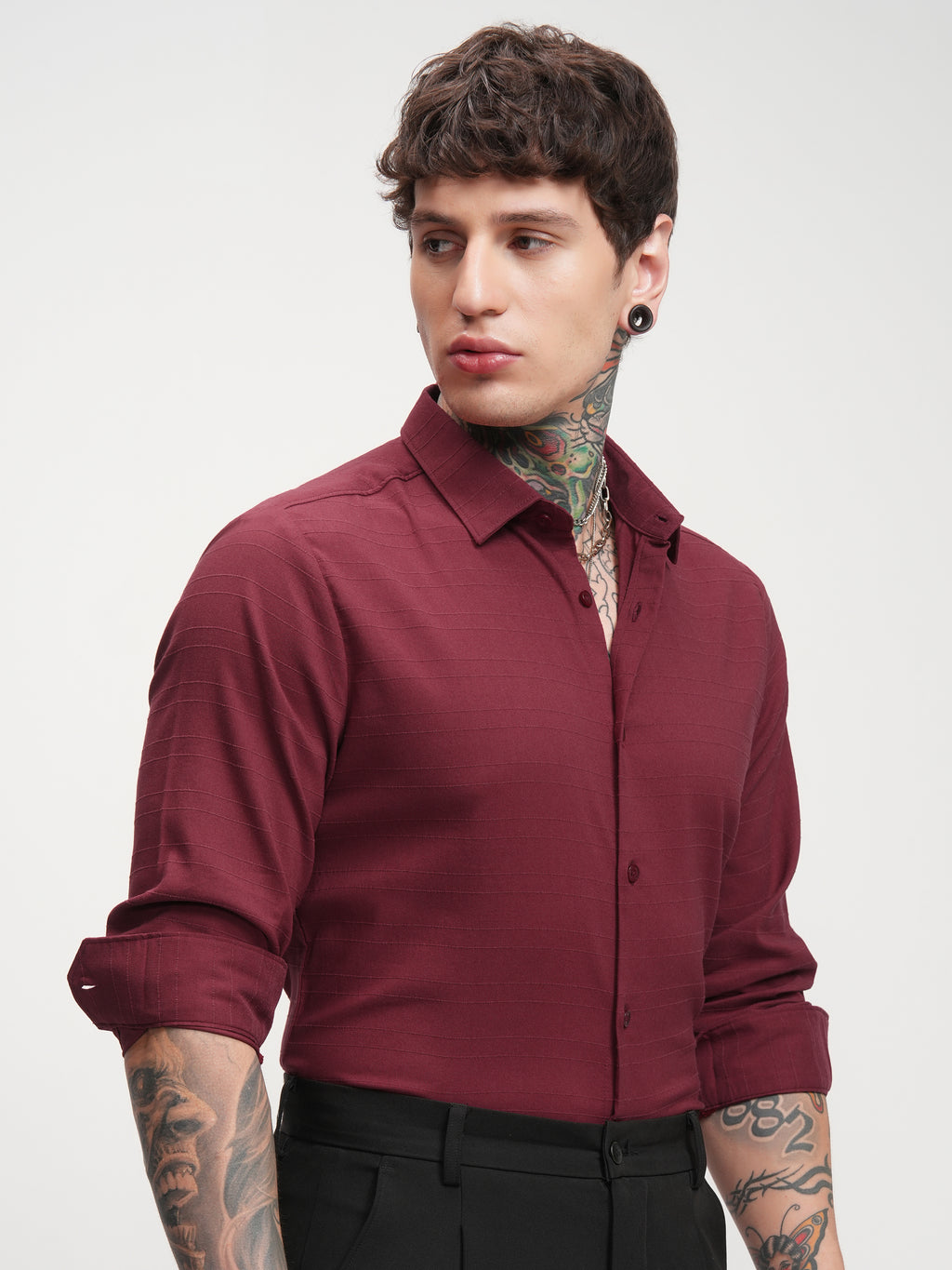 Highlander Men Maroon Self Design Slim Fit Casual Shirt - Maroon - Image 6