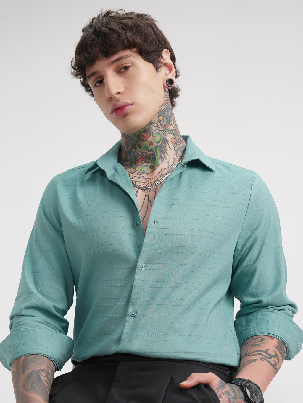 Highlander Men Green Striped Slim Fit Casual Shirt - Green - Image 1