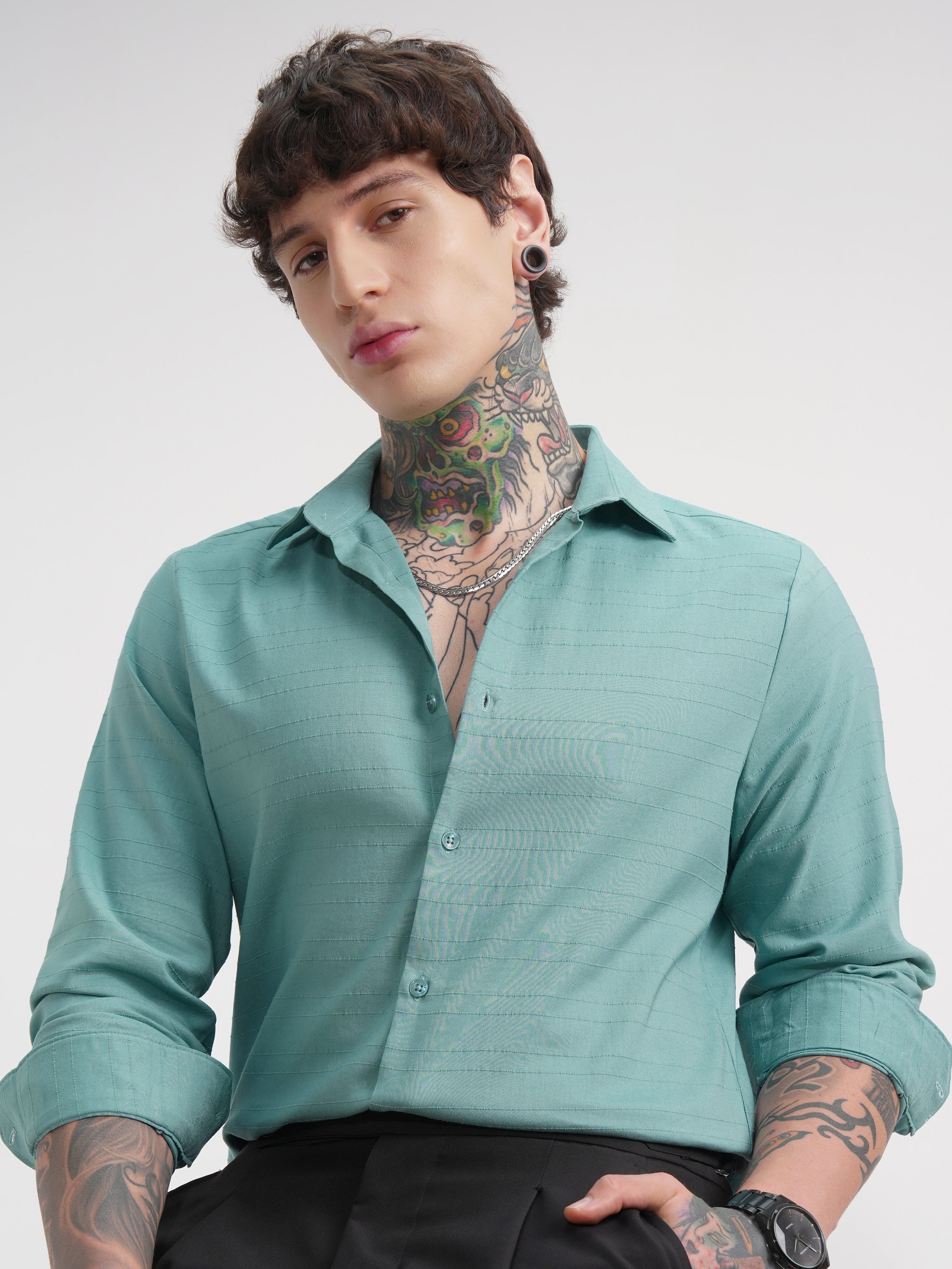 Highlander Men Green Striped Slim Fit Casual Shirt - Green - Image 1
