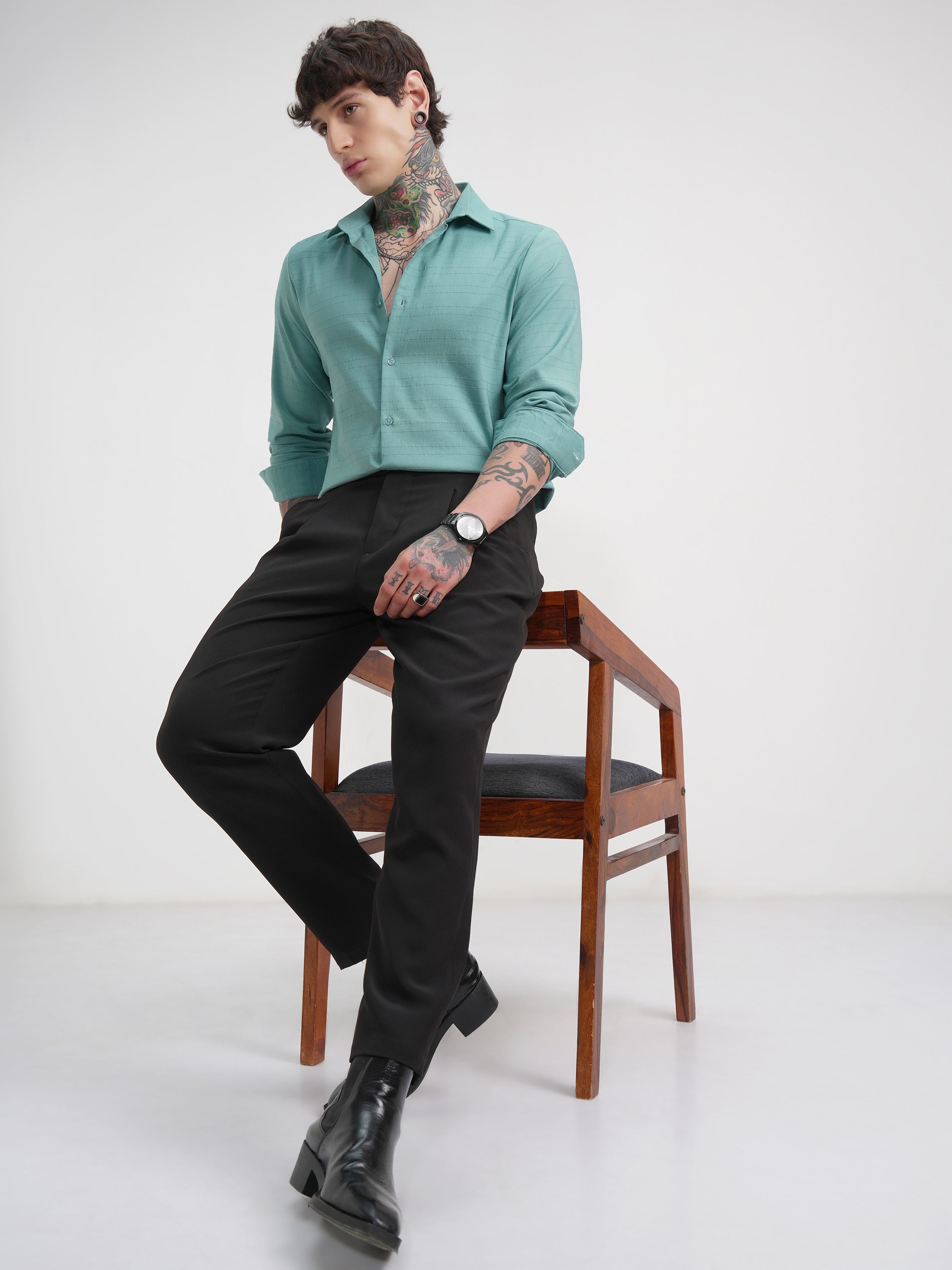 Highlander Men Green Striped Slim Fit Casual Shirt - Green - Image 2