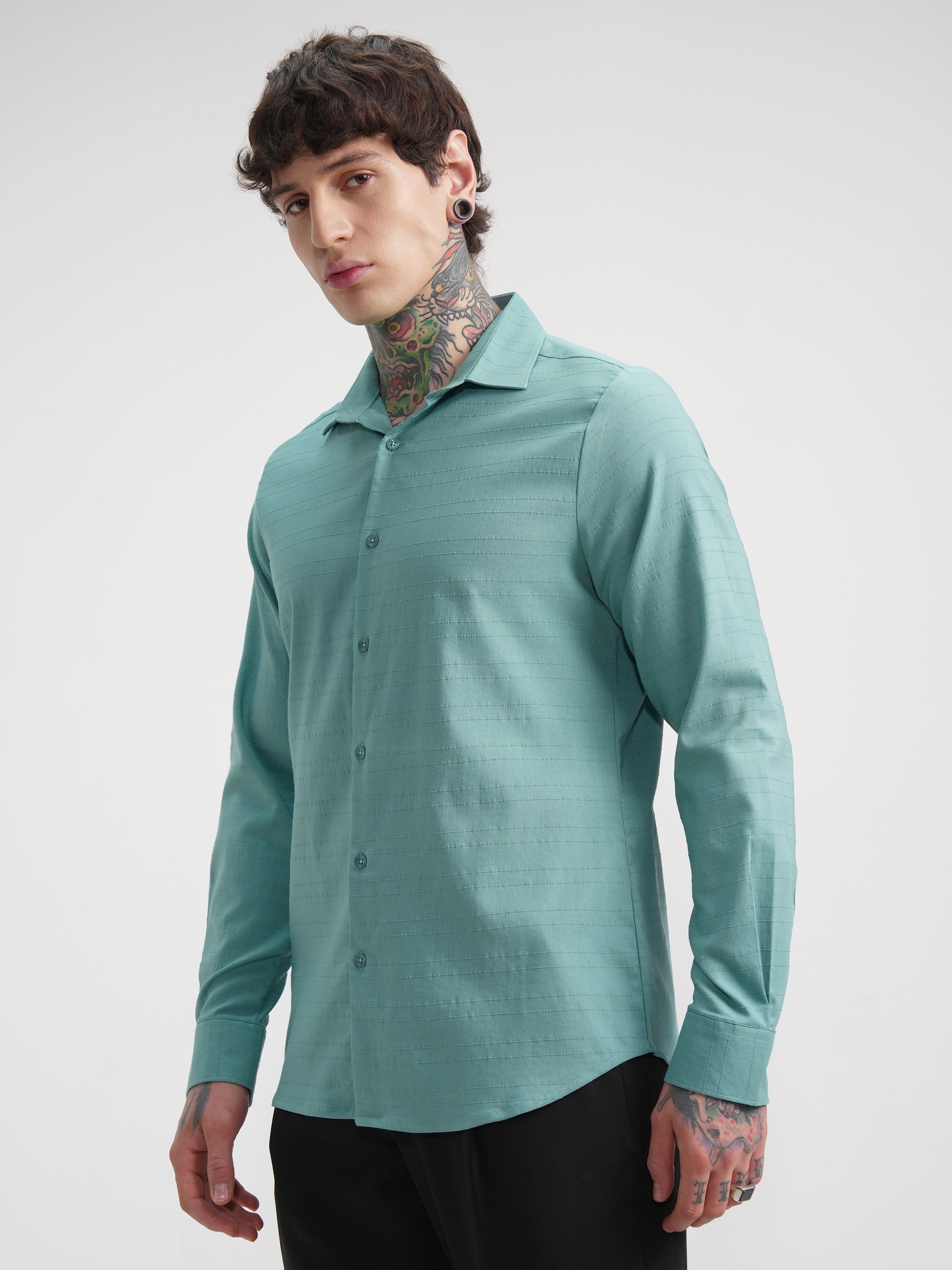 Highlander Men Green Striped Slim Fit Casual Shirt - Green - Image 4