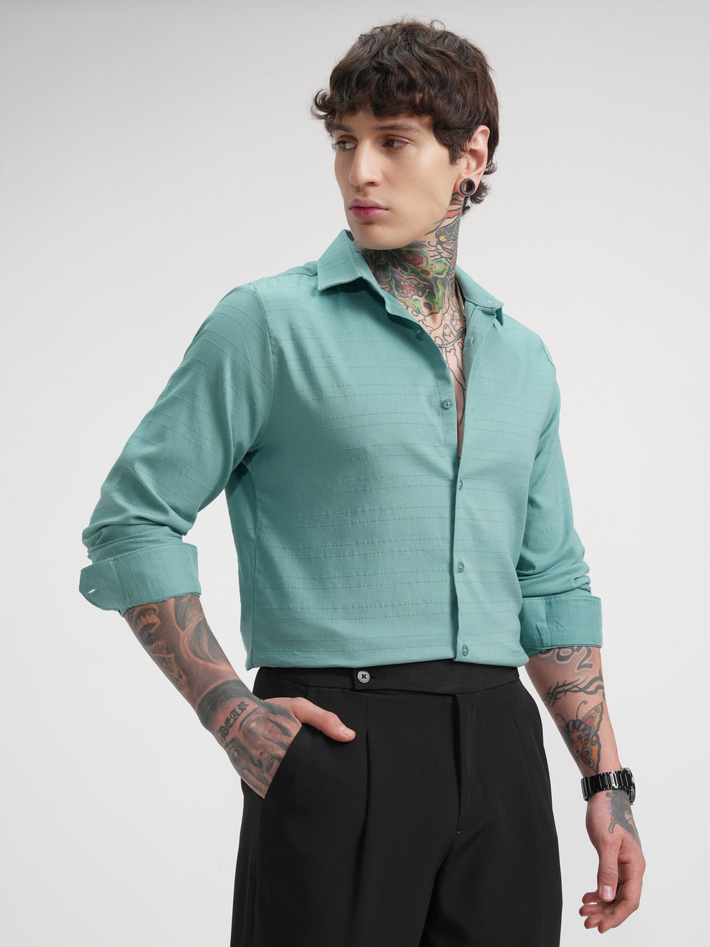 Highlander Men Green Striped Slim Fit Casual Shirt - Green - Image 6