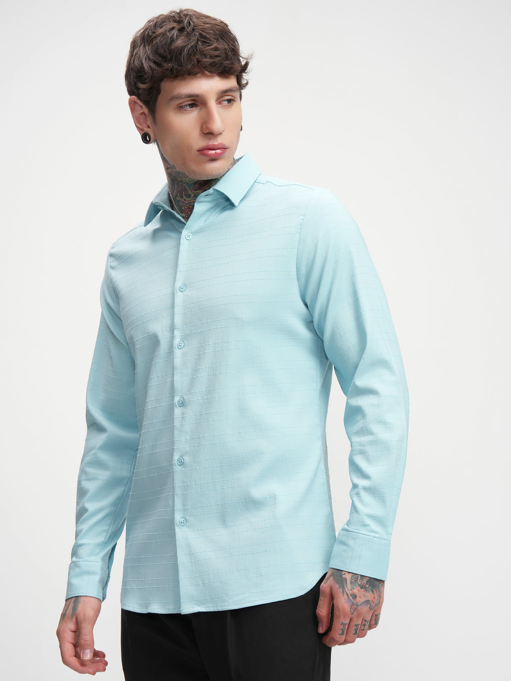 Highlander Men Blue Self Design Slim Fit Casual Shirt - Blue - Image 4
