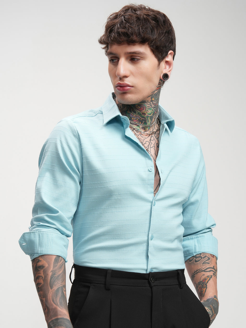 Highlander Men Blue Self Design Slim Fit Casual Shirt - Blue - Image 6