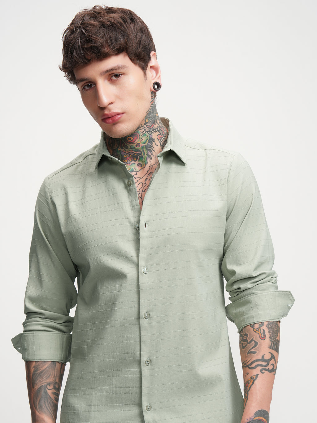 Highlander Men Green Self Design Slim Fit Casual Shirt - Green - Image 1