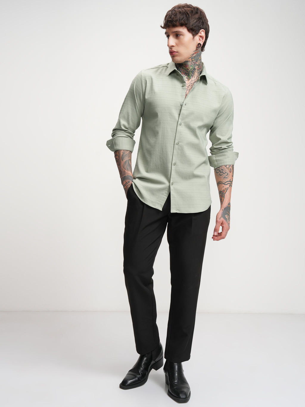 Highlander Men Green Self Design Slim Fit Casual Shirt - Green - Image 2