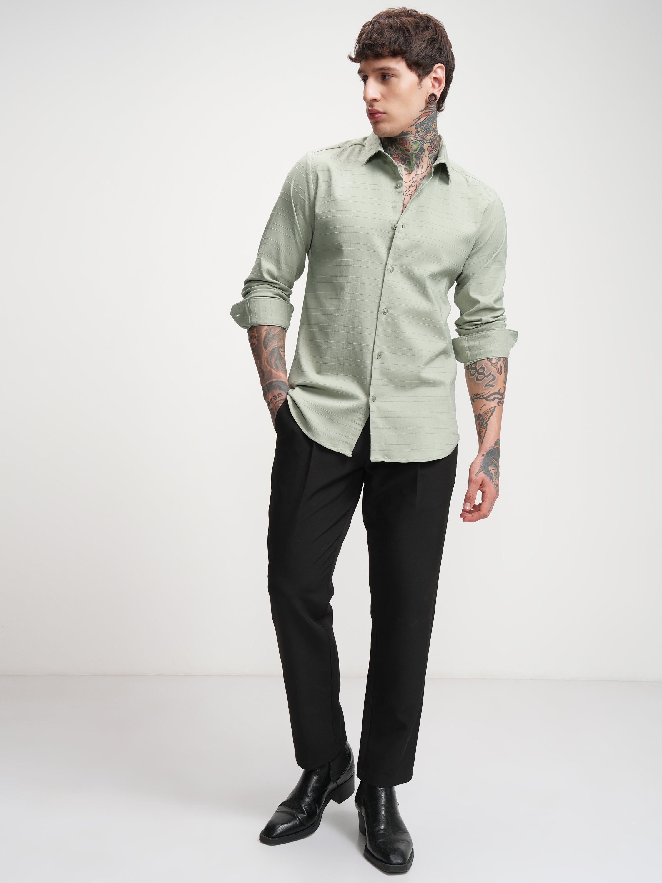 Highlander Men Green Self Design Slim Fit Casual Shirt - Green - Image 2