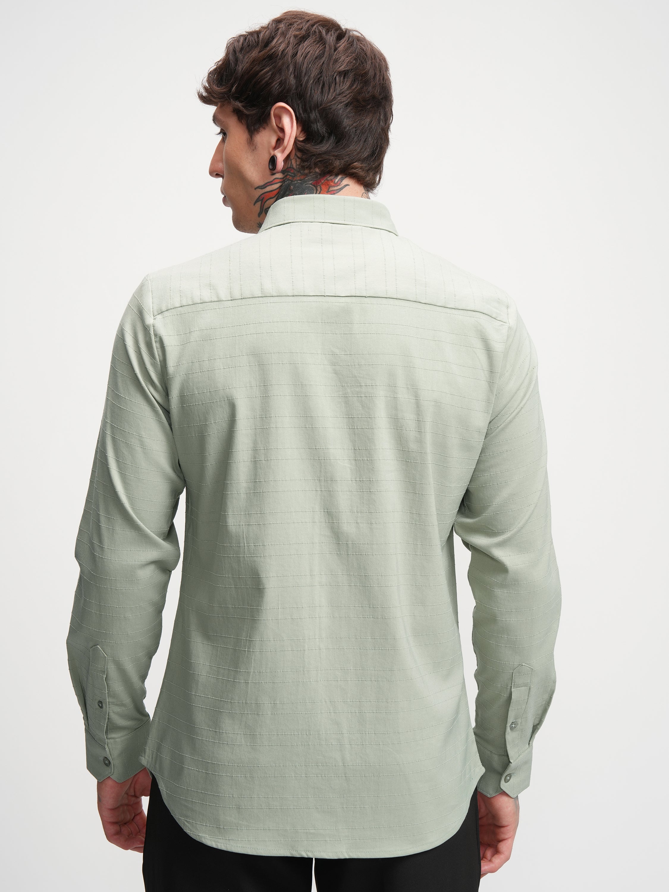 Highlander Men Green Self Design Slim Fit Casual Shirt - Green - Image 3
