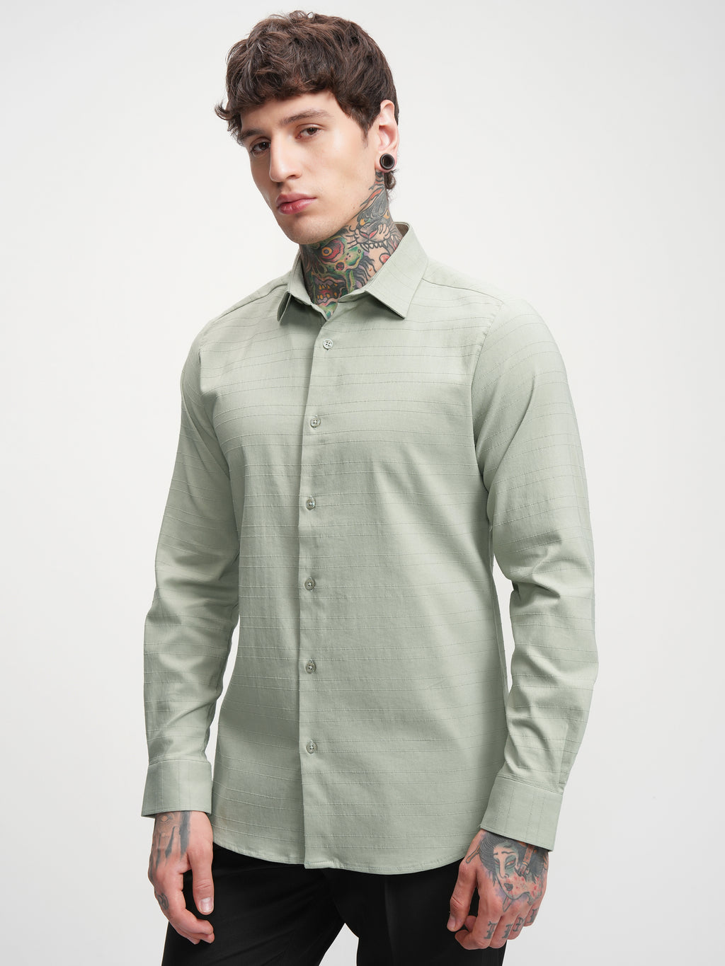 Highlander Men Green Self Design Slim Fit Casual Shirt - Green - Image 4