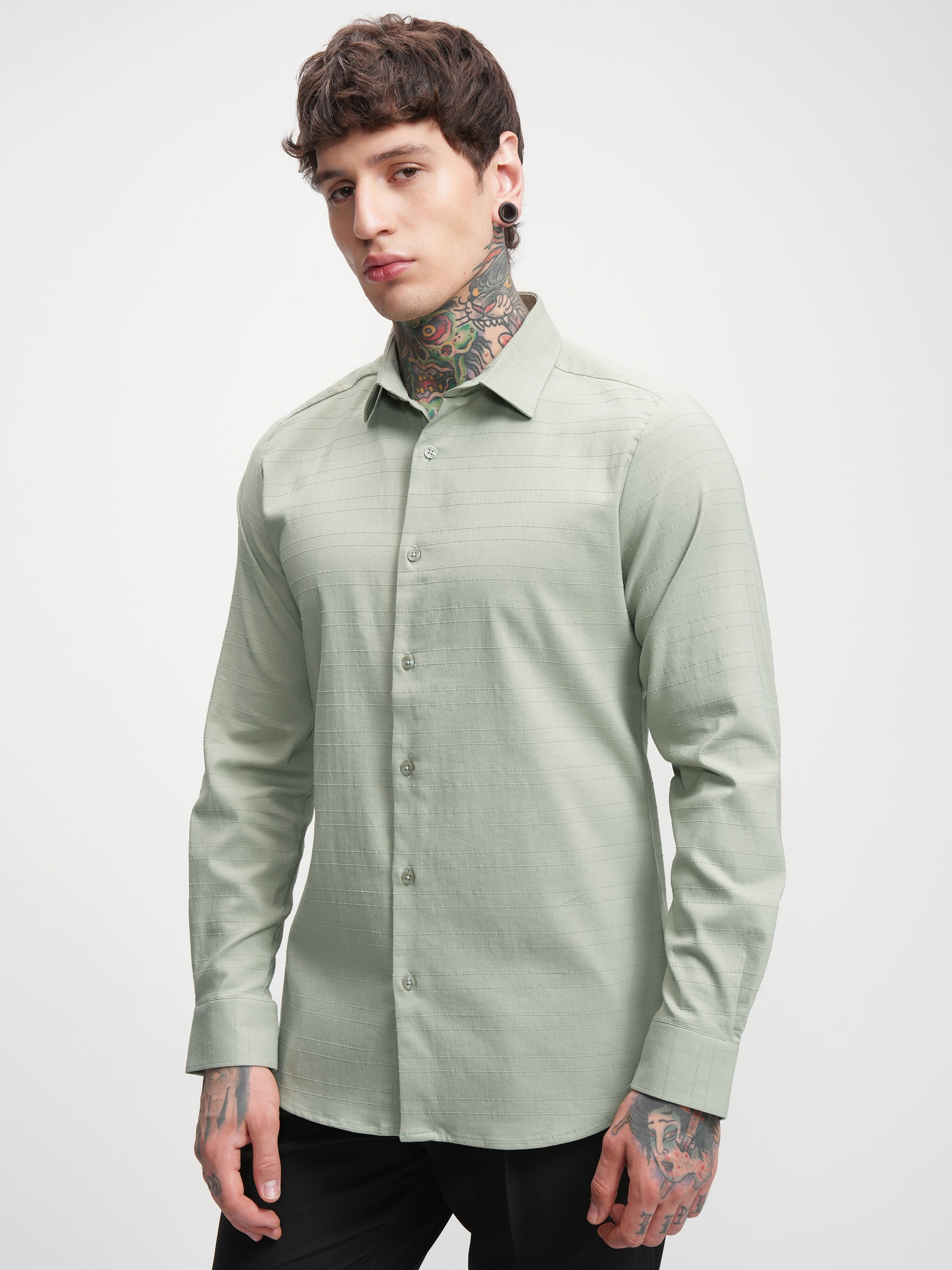 Highlander Men Green Self Design Slim Fit Casual Shirt - Green - Image 4