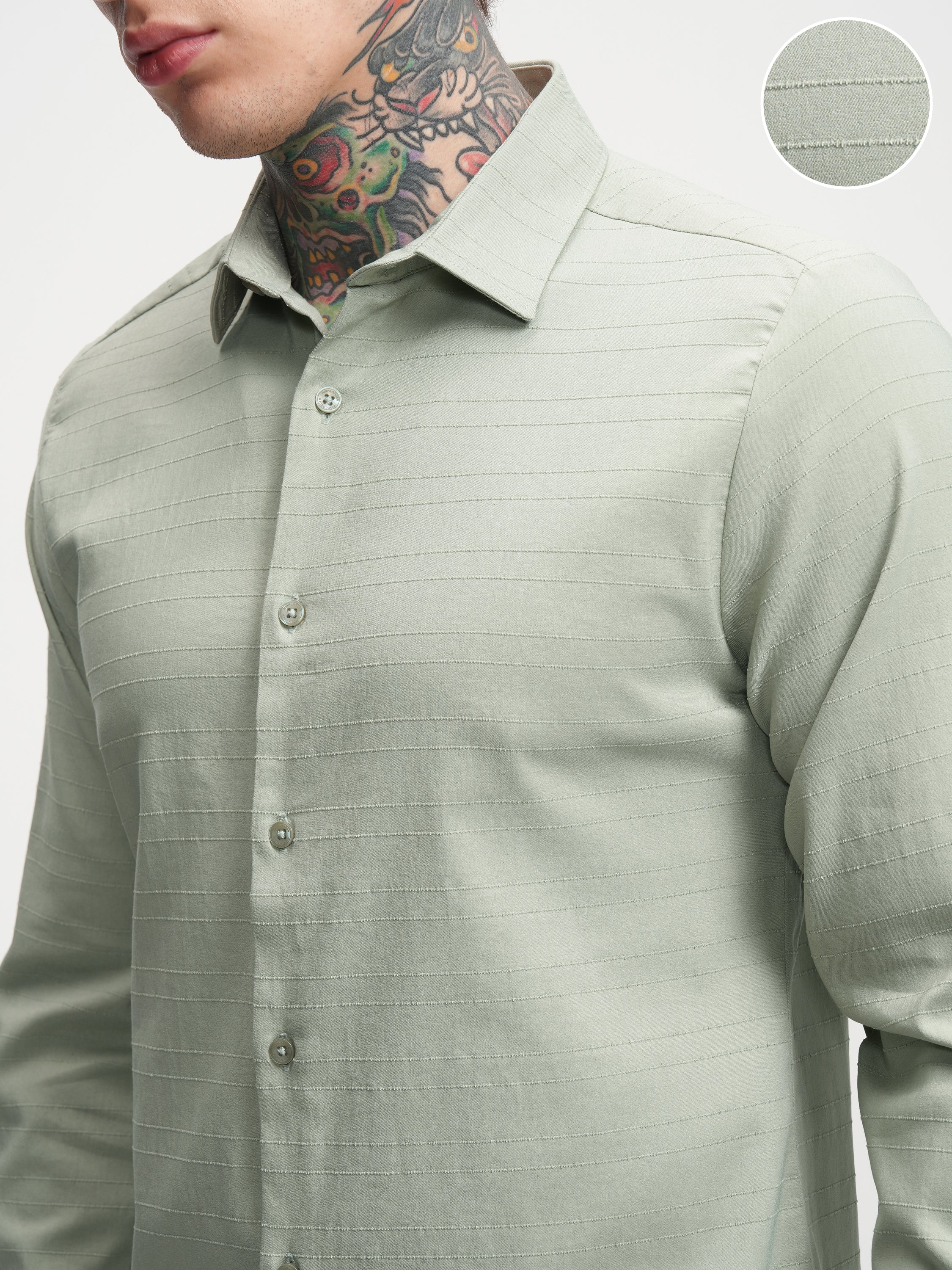 Highlander Men Green Self Design Slim Fit Casual Shirt - Green - Image 5