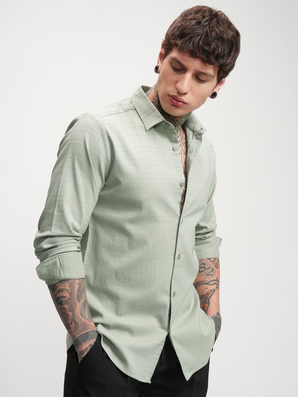Highlander Men Green Self Design Slim Fit Casual Shirt - Green - Image 6