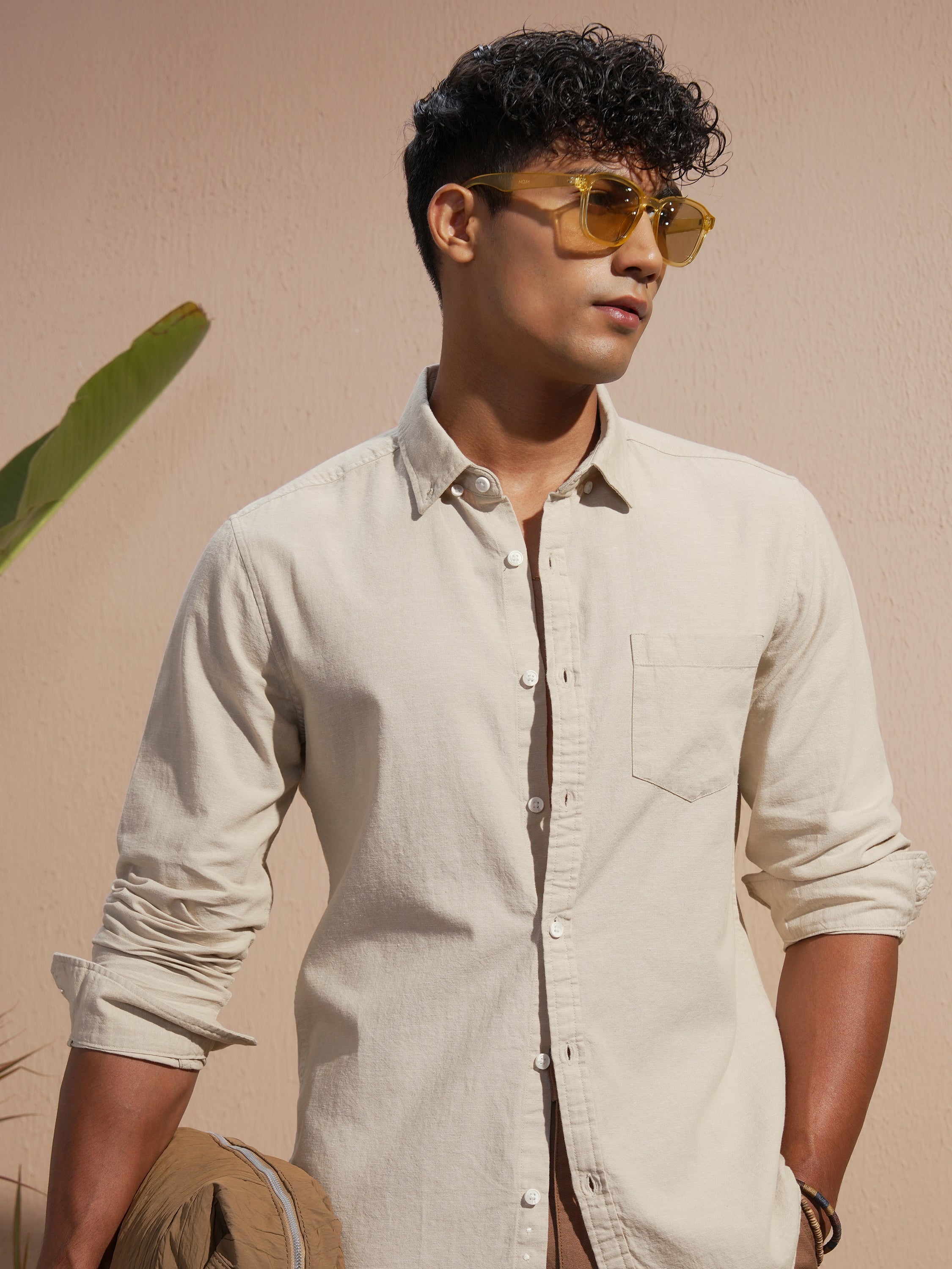 Highlander Men Cream Solid Slim Fit Casual Shirt - Cream - Image 1