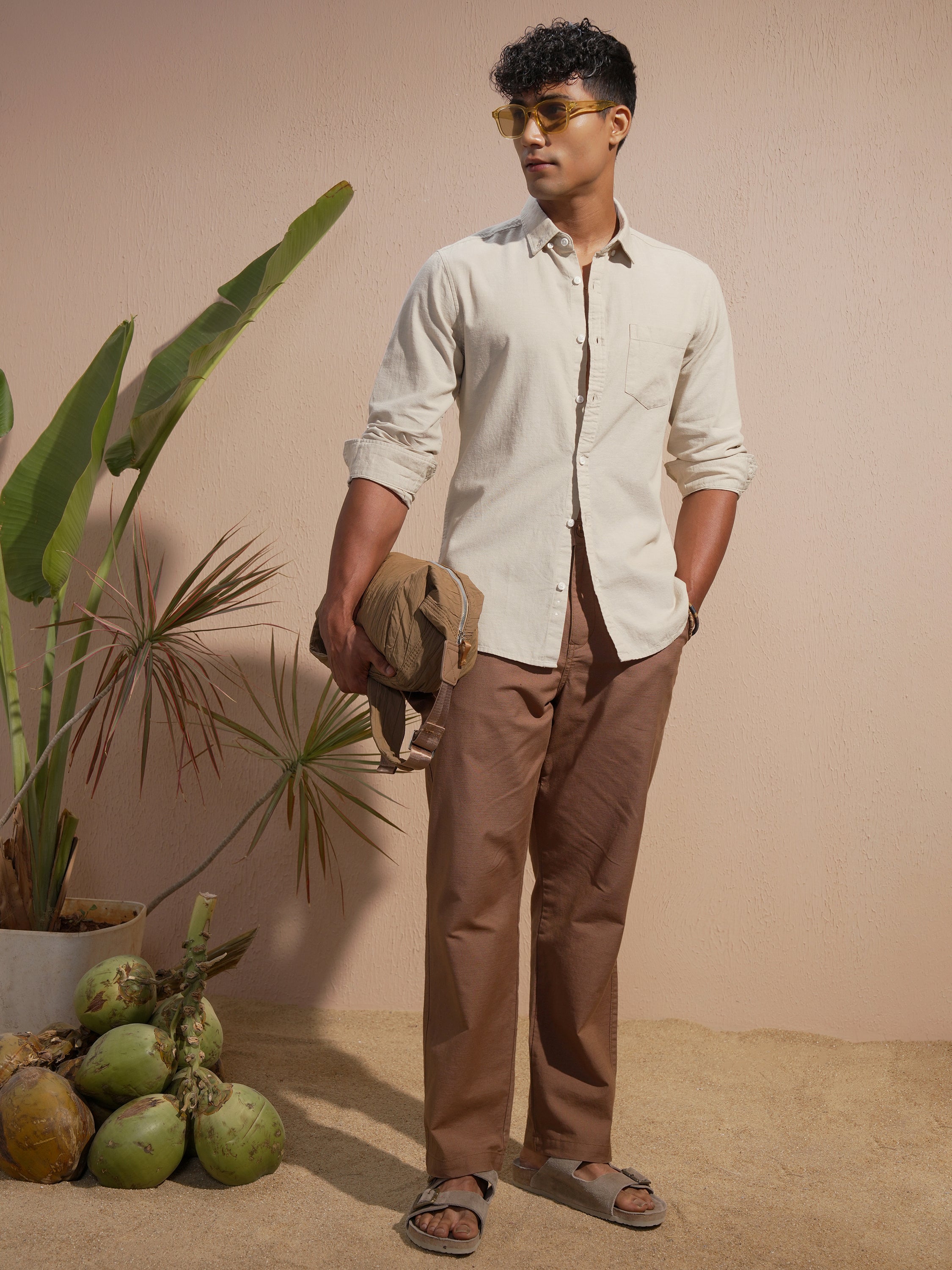 Highlander Men Cream Solid Slim Fit Casual Shirt - Cream - Image 2