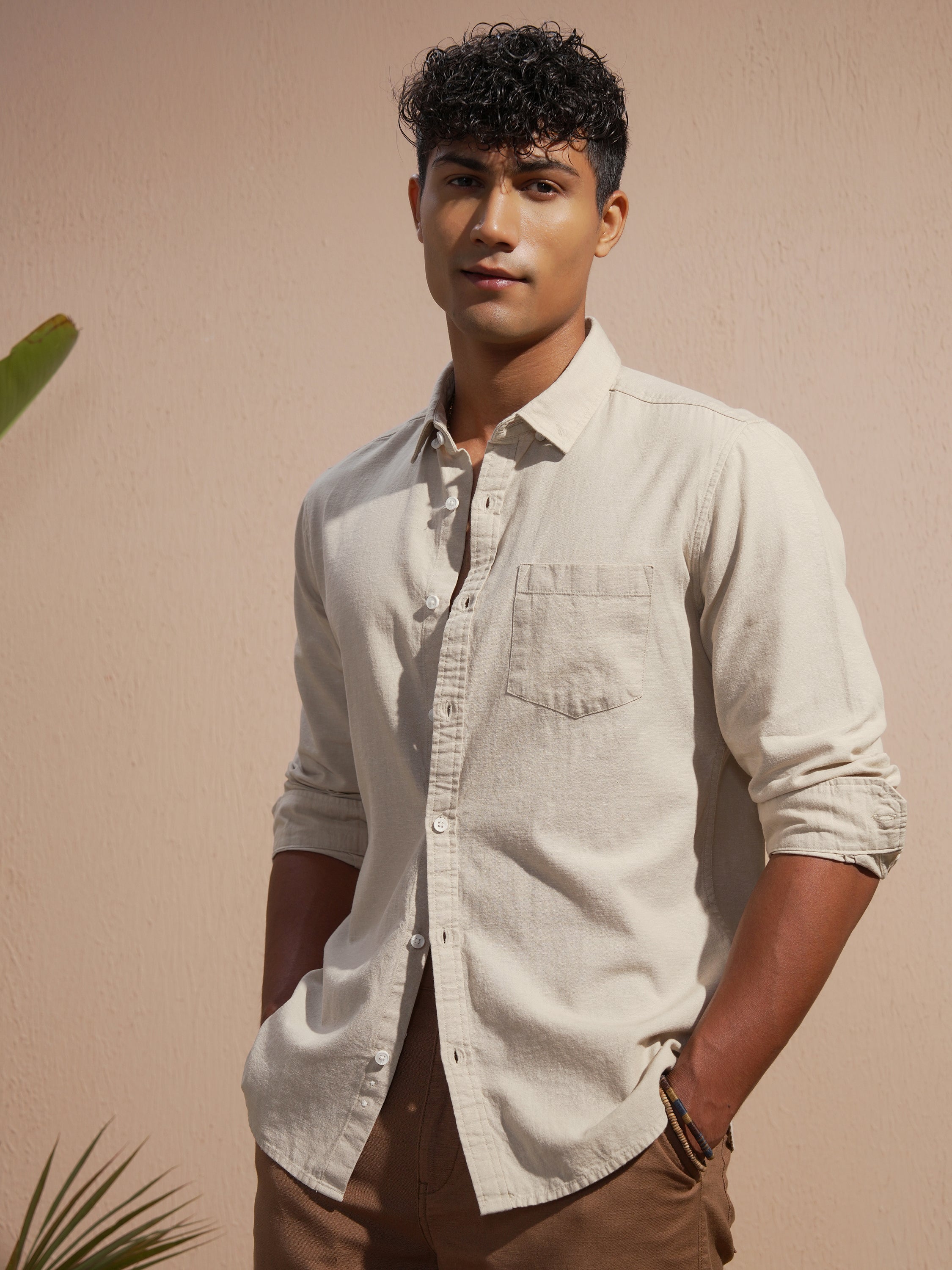 Highlander Men Cream Solid Slim Fit Casual Shirt - Cream - Image 4