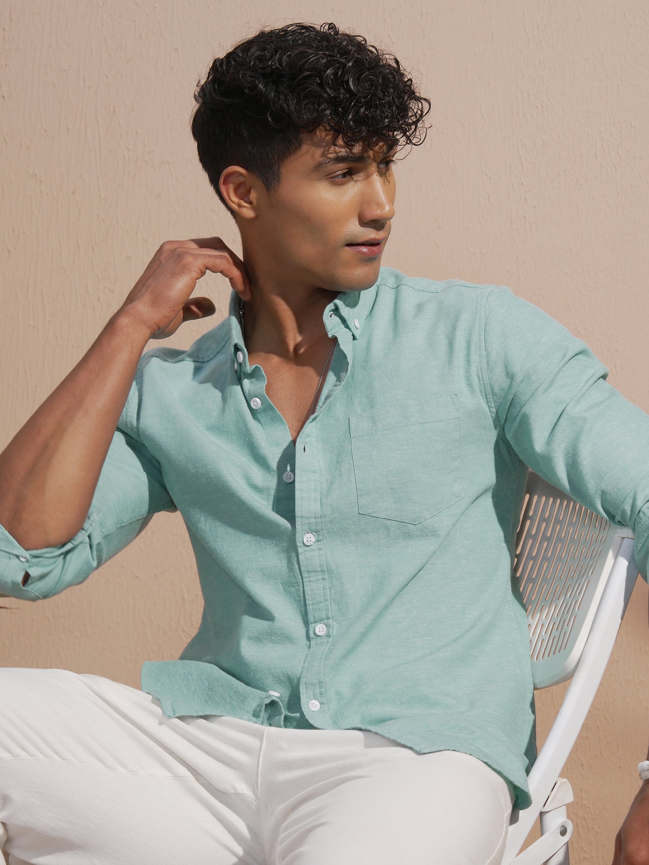 Highlander Men Green Solid Slim Fit Casual Shirt - Green - Image 4